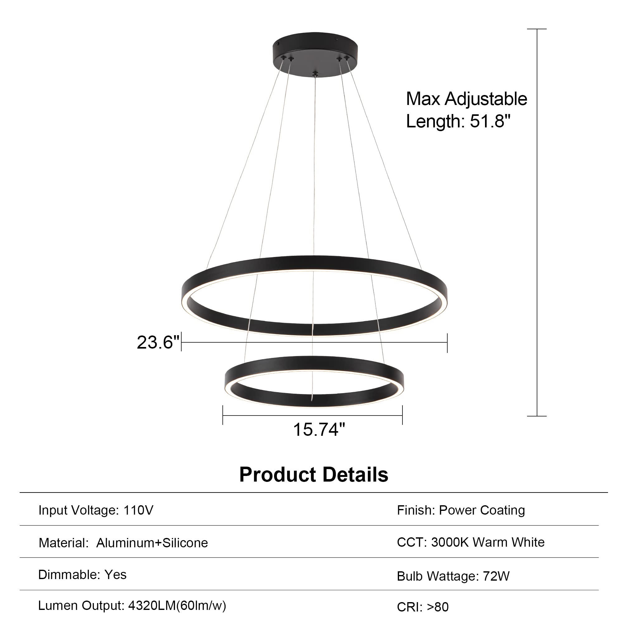 Modern LED Chandelier - 2 Ring Contemporary Circular Pendant Light, Black Dimmable Hanging Ceiling Fixture for Living Room & Dining Room | Elegant Lighting for Home Decor, Parties & Restaurants