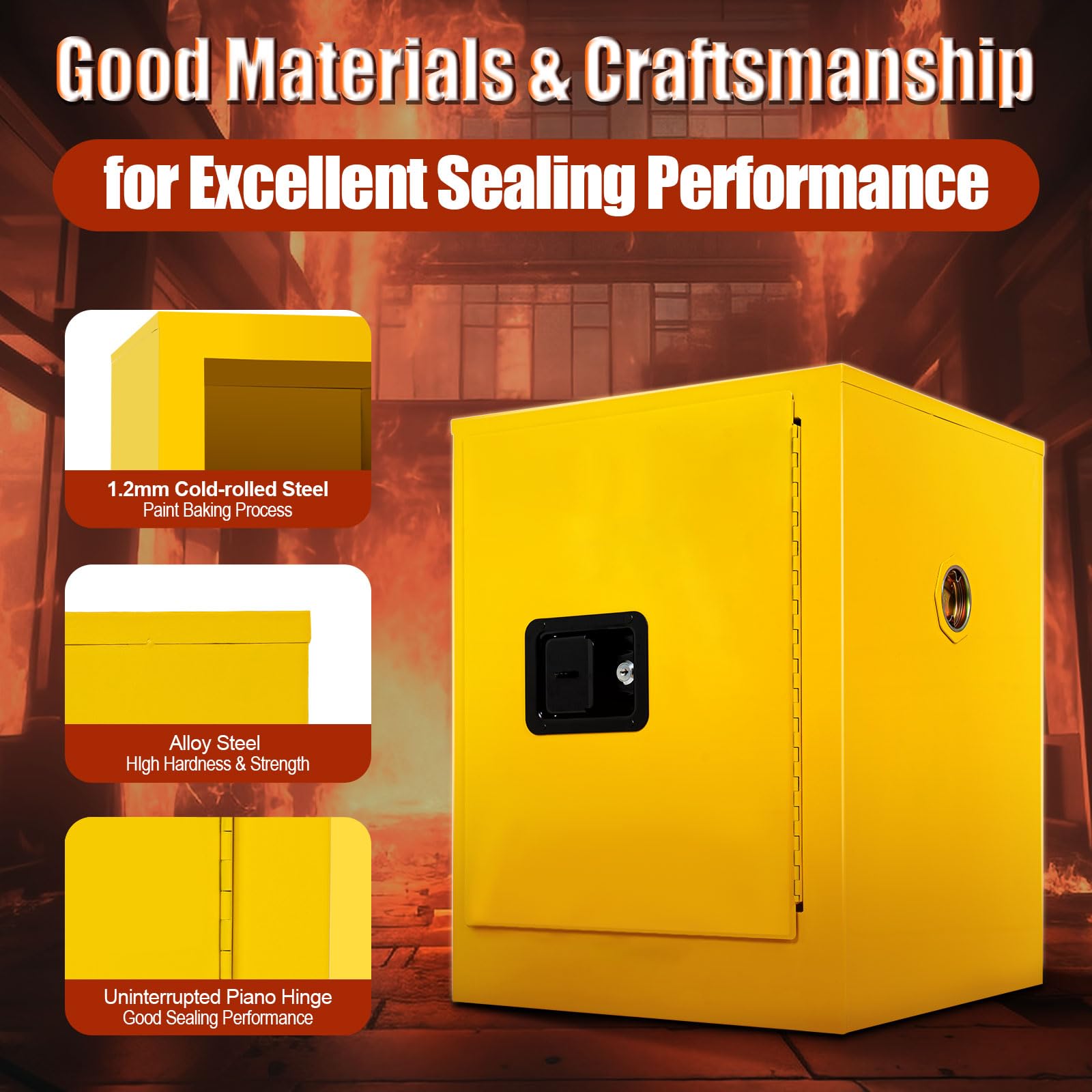 TFCFL 4 Gallon Yellow Galvanized Steel Flammable Safety Storage Cabinet - 1 Door Manual Countertop Chemical Cabinet for Home, Workshop & Industrial Use | Fireproof Hazardous Material Organizer for Paint, Solvents & Cleaning Supplies