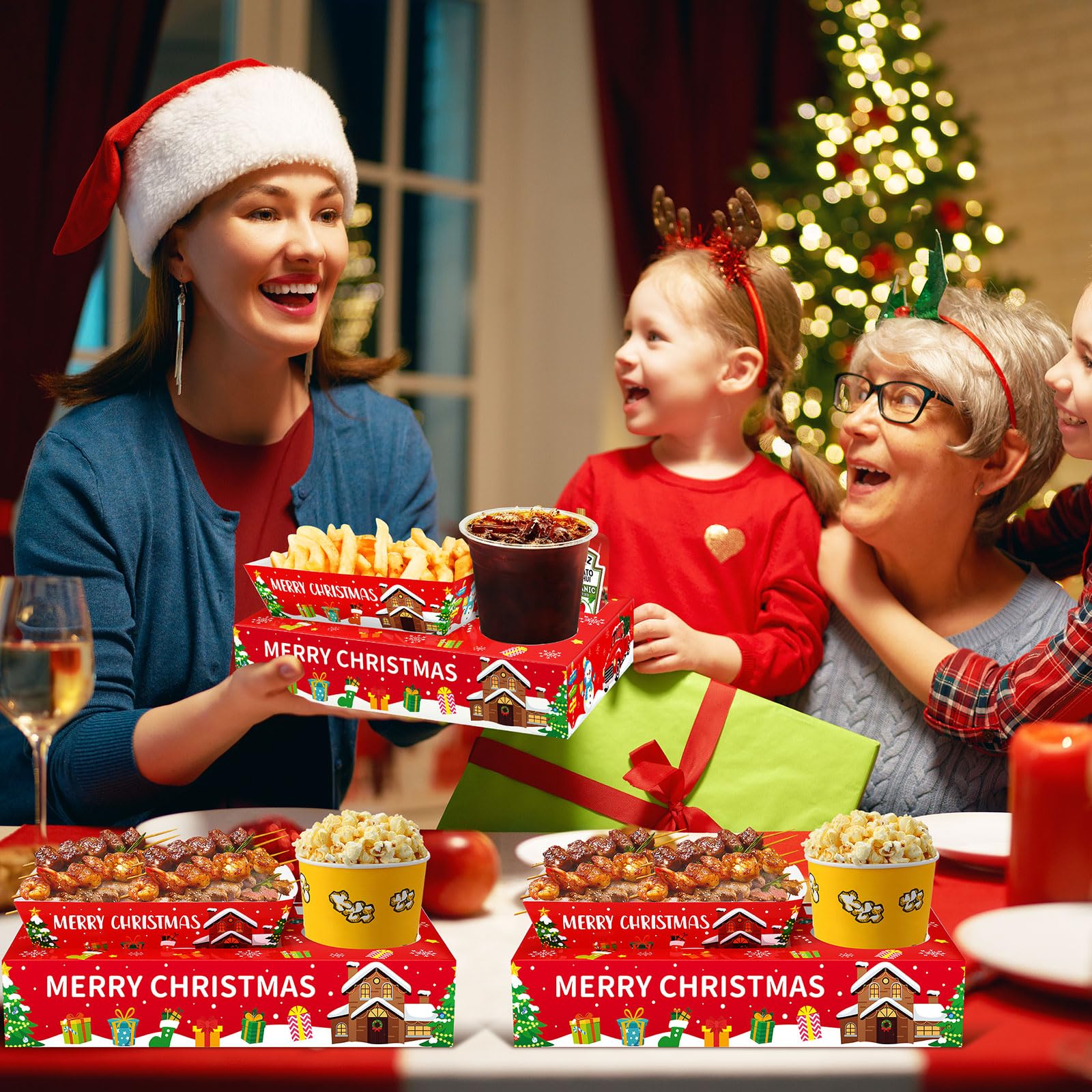 Jansun 36Pcs Christmas Movie Night Snack Trays - Candy Popcorn French Fries Serving Plates for Holiday Parties, Xmas Gatherings & Family Movie Nights