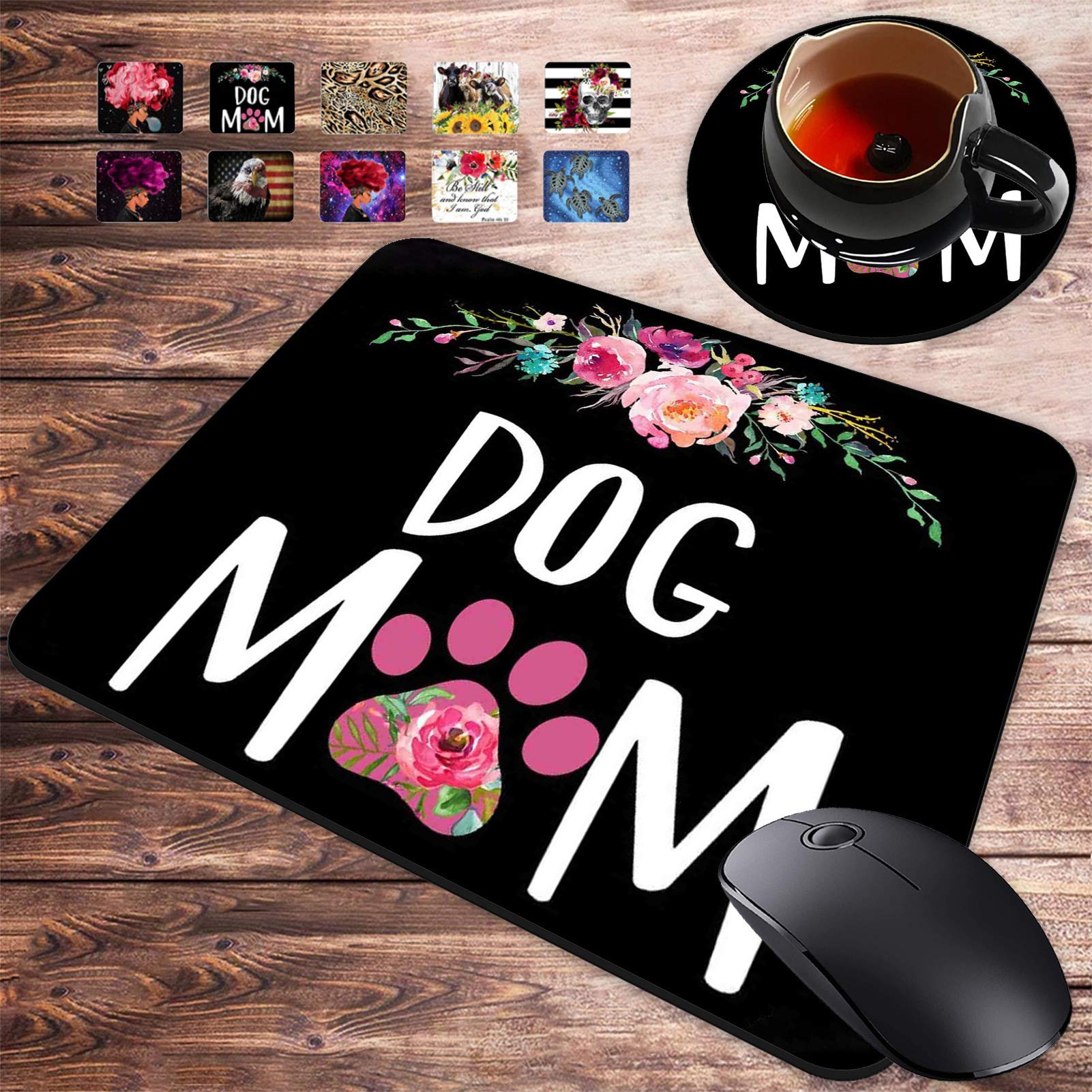 Premium Gaming Mouse Pad & Coasters Set - Non-Slip Rubber Mousepad with Floral Dog Mom Design for Work & PC Gaming - Perfect for Office, Home Desk & Gaming Setup