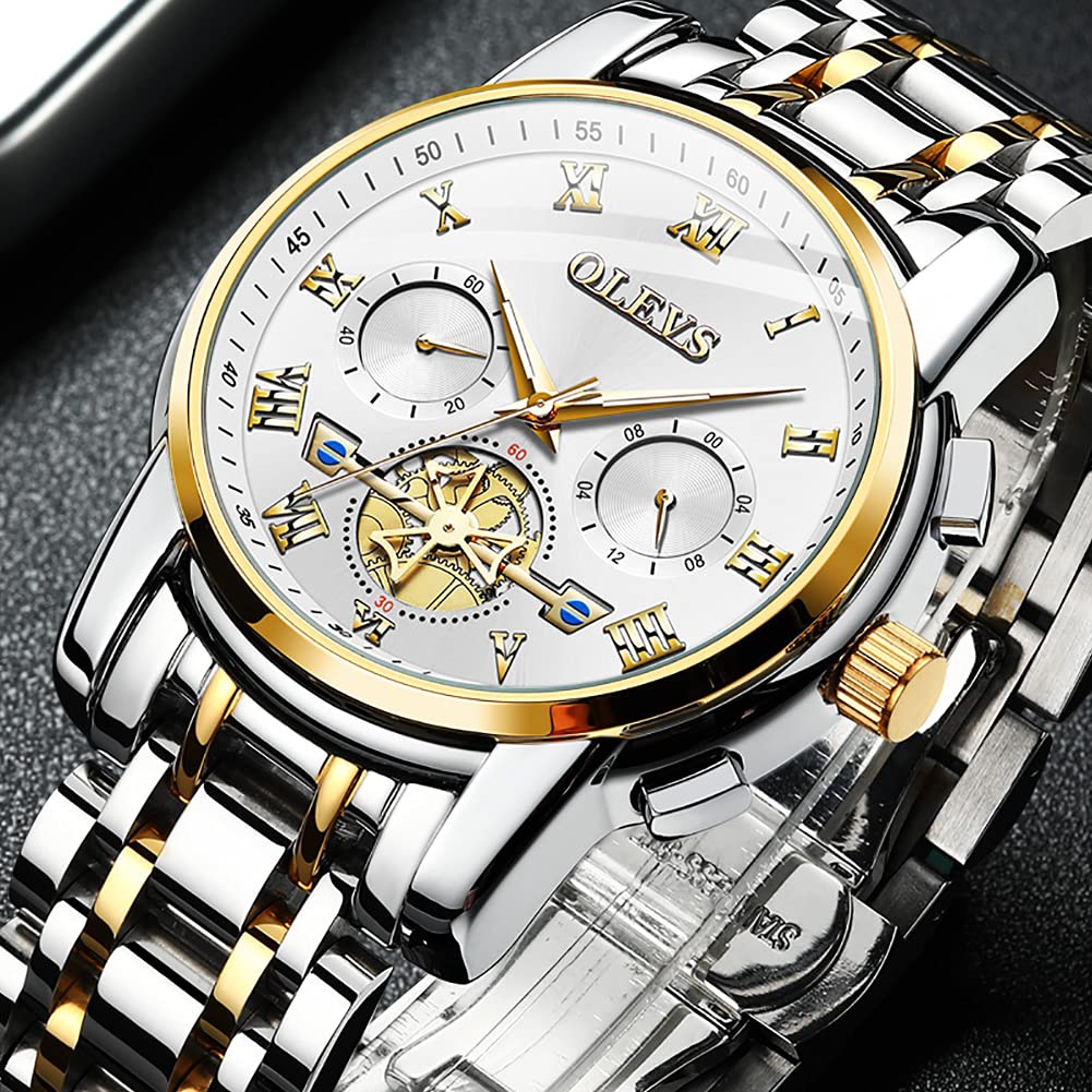 OLEVS Men's Fashion Casual Analog Quartz Watch - Waterproof Stainless Steel Band Dress Watch with Day Window (Gold White Dial) | Perfect for Business, Office, and Formal Occasions