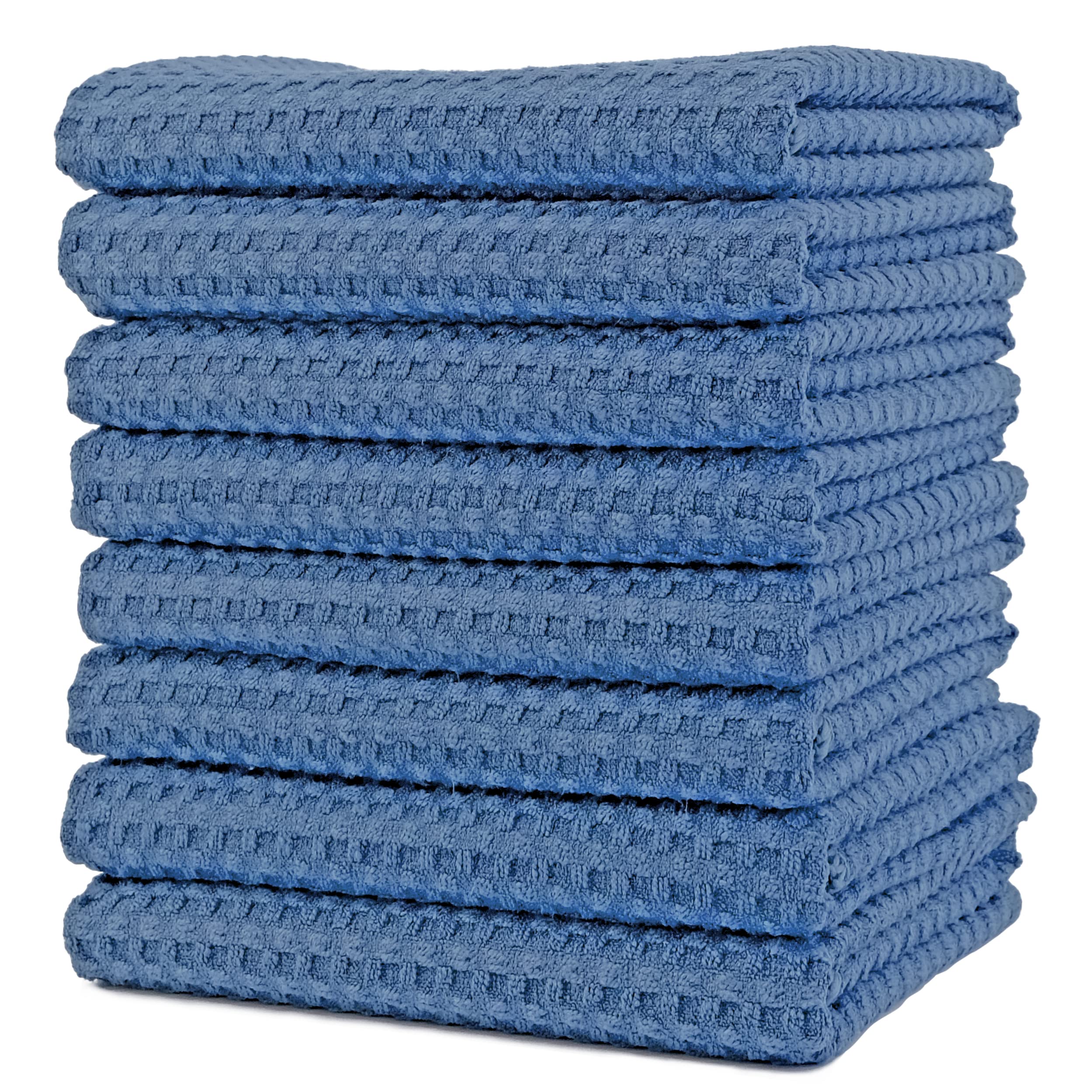 POLYTE Ultra Premium Microfiber Kitchen Dish Towels - 8 Pack Waffle Weave Hand Towels (16x28 Inches, Blue) - Super Absorbent & Quick Drying for Dishes, Countertops & Household Cleaning