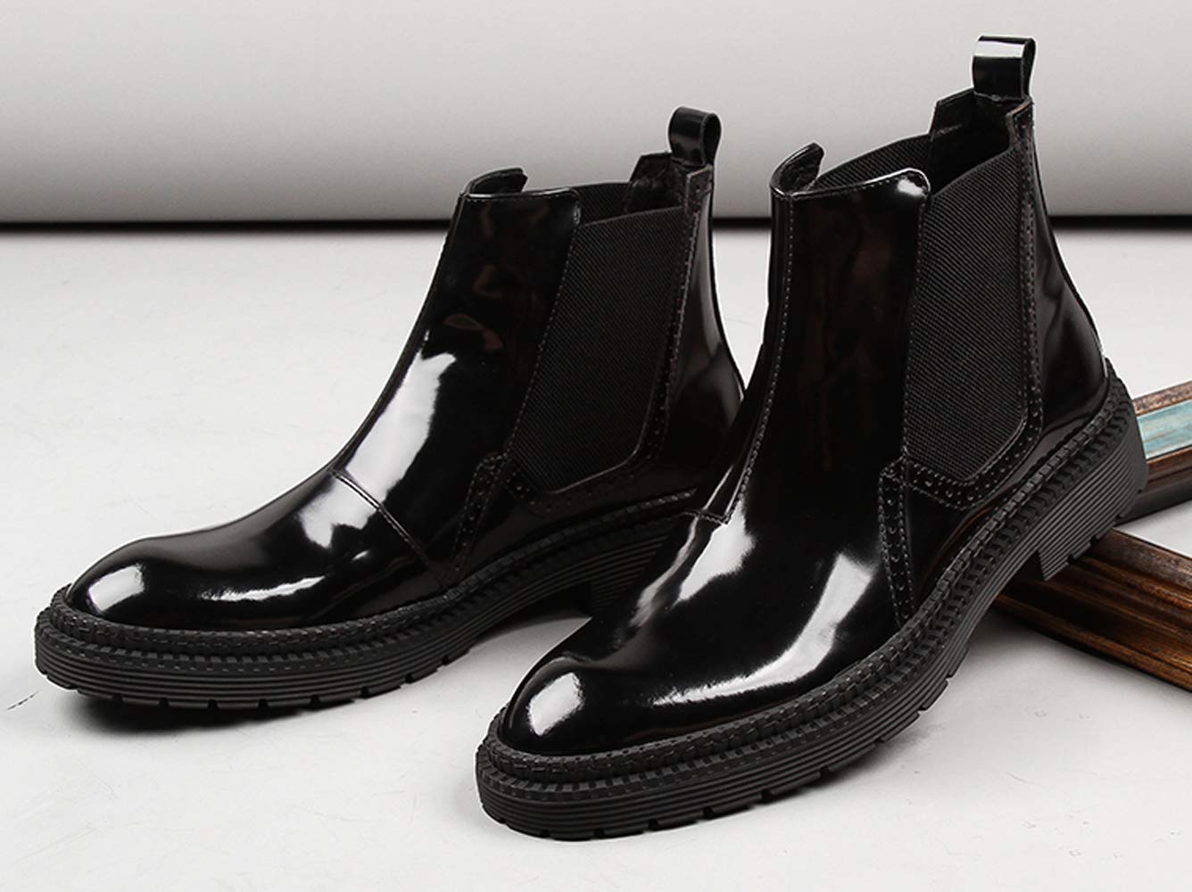 Santimon Men's Casual Chelsea Boots - Patent Leather Elastic Ankle Dress Boots for Men (Black/Brown) | Comfortable & Stylish Footwear for Work, Dating & Night Out