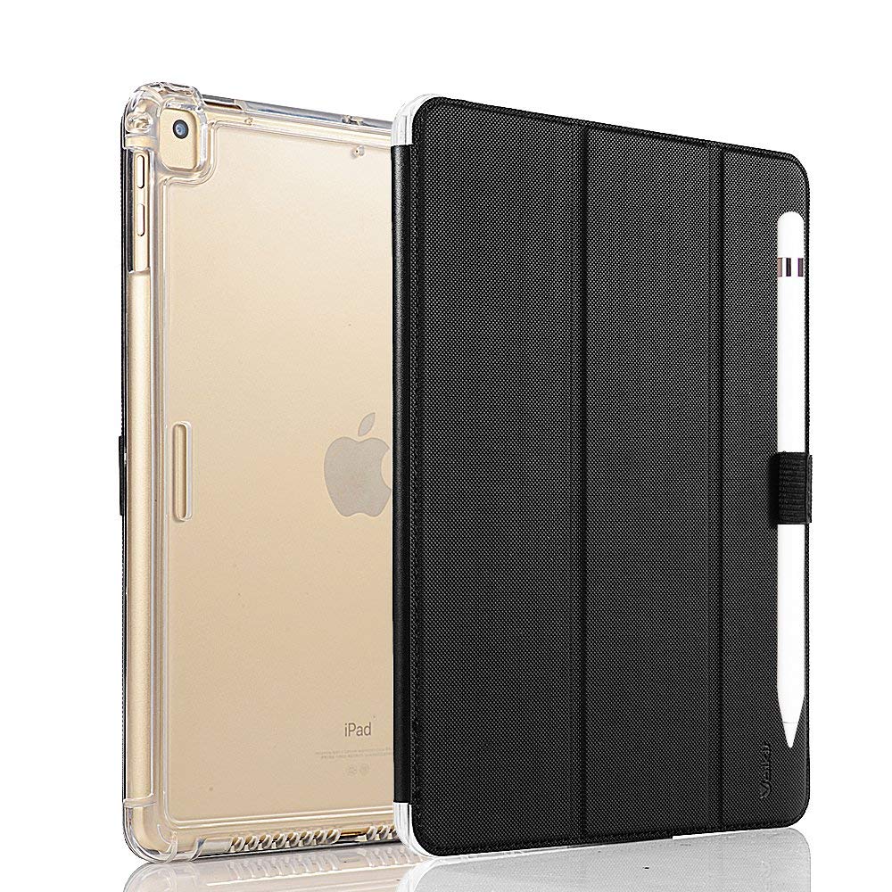 Valkit iPad 6th/5th Generation Case (2018/2017 Model) - 9.7 Inch Protective Cover with Pencil Holder & Auto Wake/Sleep | Slim Smart Folio Stand Case with Frosted Translucent Back | Perfect for Work, School & Travel - Black