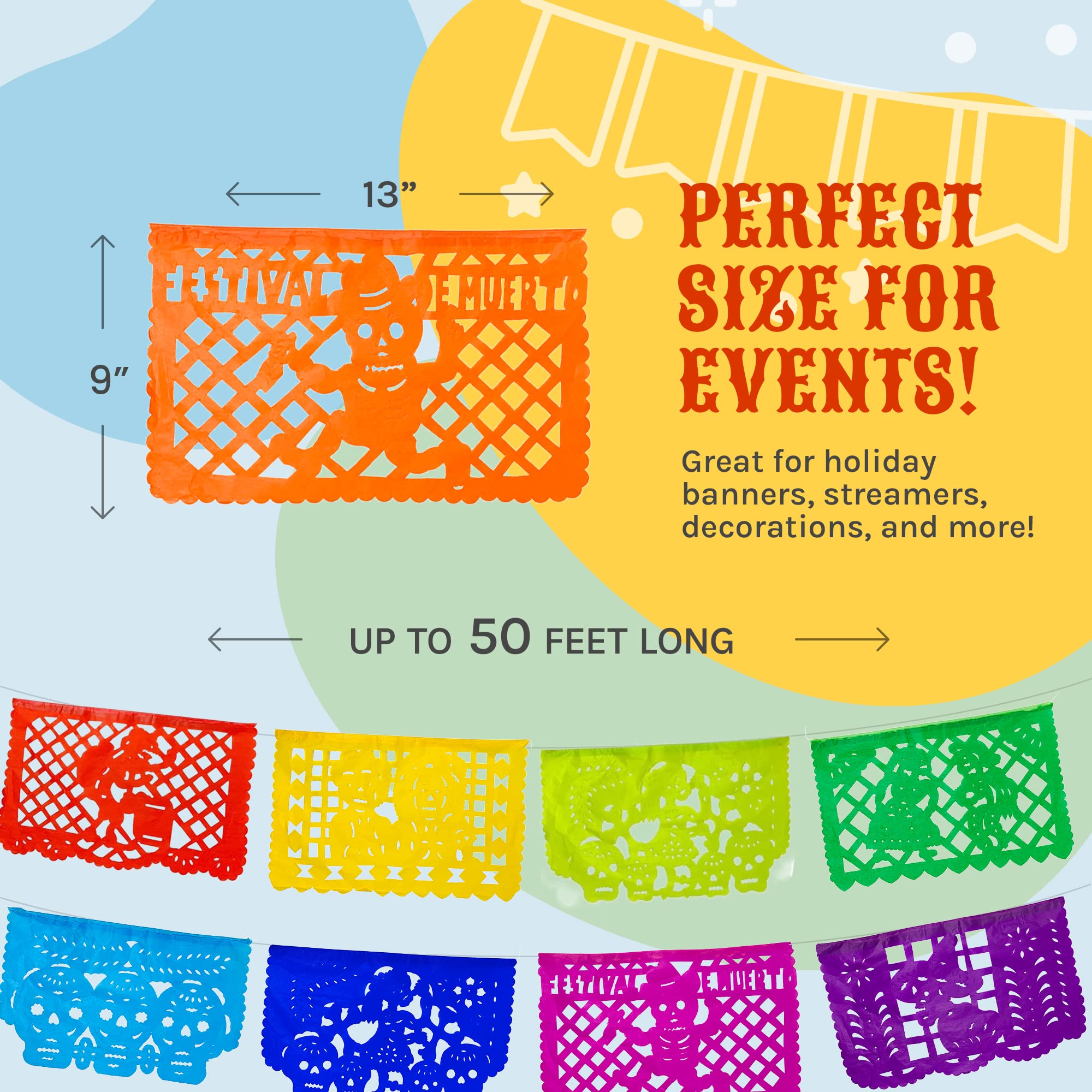 Day of the Dead Party Decorations - Dia de Los Muertos Papel Picado Tissue Paper Banner Set (12.5 Ft x 4, 50 Ft Total) for Halloween, Mexican Fiesta & Home Decor - Perfect for Altars, Parties & Cultural Celebrations