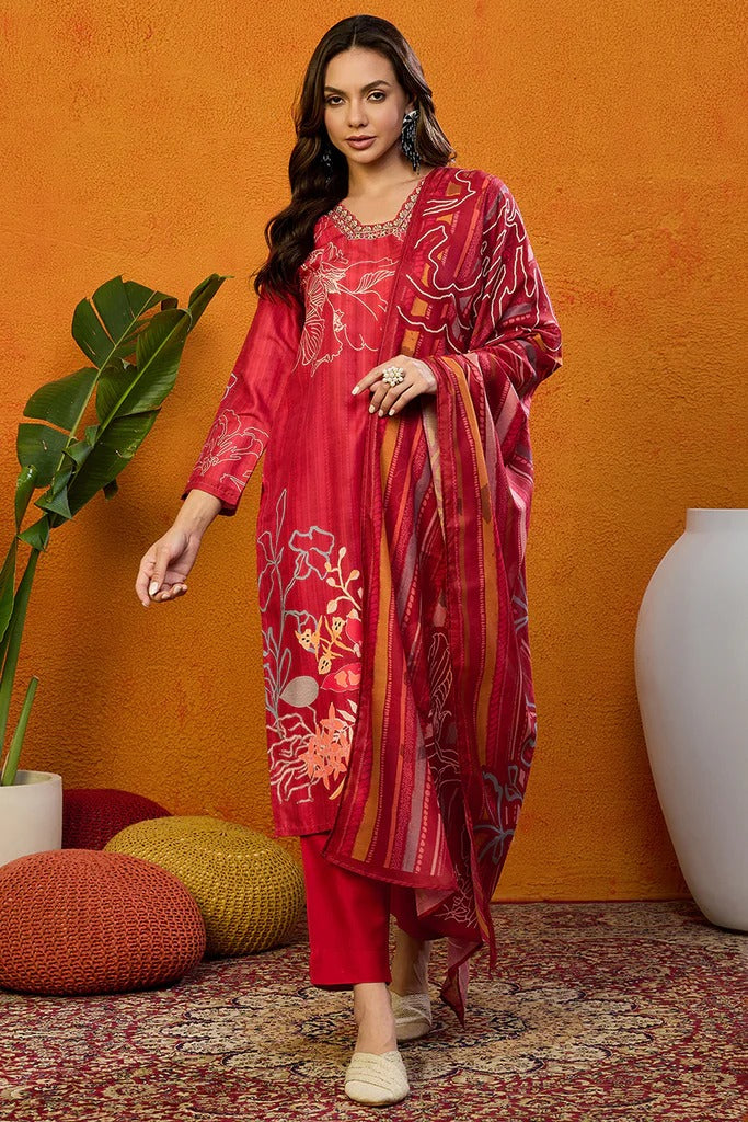Elegant Red Silk Blend Floral Printed Straight Suit Set for Women | Office Wear & Formal Occasions | Perfect for Business Meetings, Weddings & Special Events