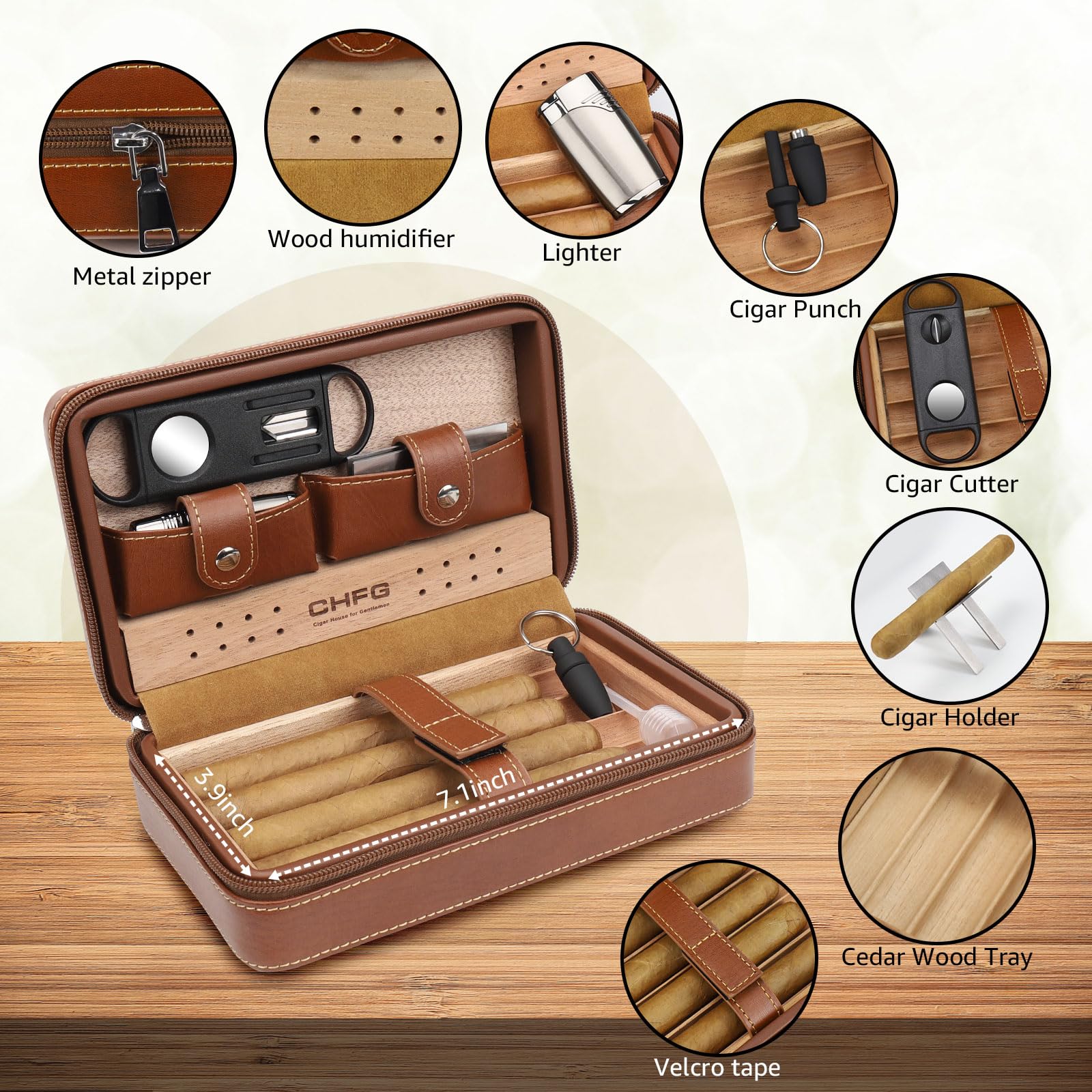 Premium Leather Cigar Case with Cedar Wood Lining - Travel Humidor for 4 Cigars, Includes Cigar Lighter Accessories Set - Perfect Gift for Men (Brown) | Portable Cigar Storage for Travel, Business & Outdoor Smoking
