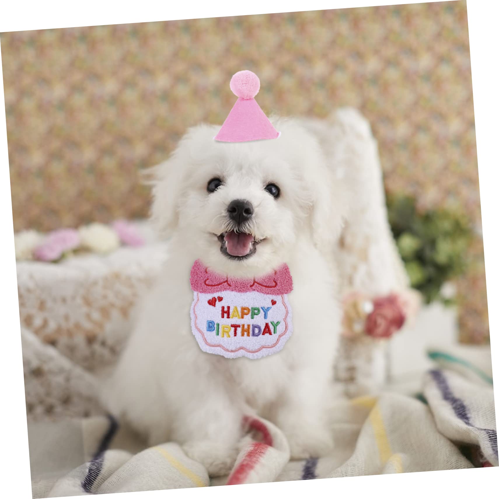 BESPORTBLE 2 Sets Pet Birthday Party Hats & Triangle Bibs - Dog & Kitten Neck Scarf Suit with Yarn Accessories for Birthday Celebrations & Photo Shoots