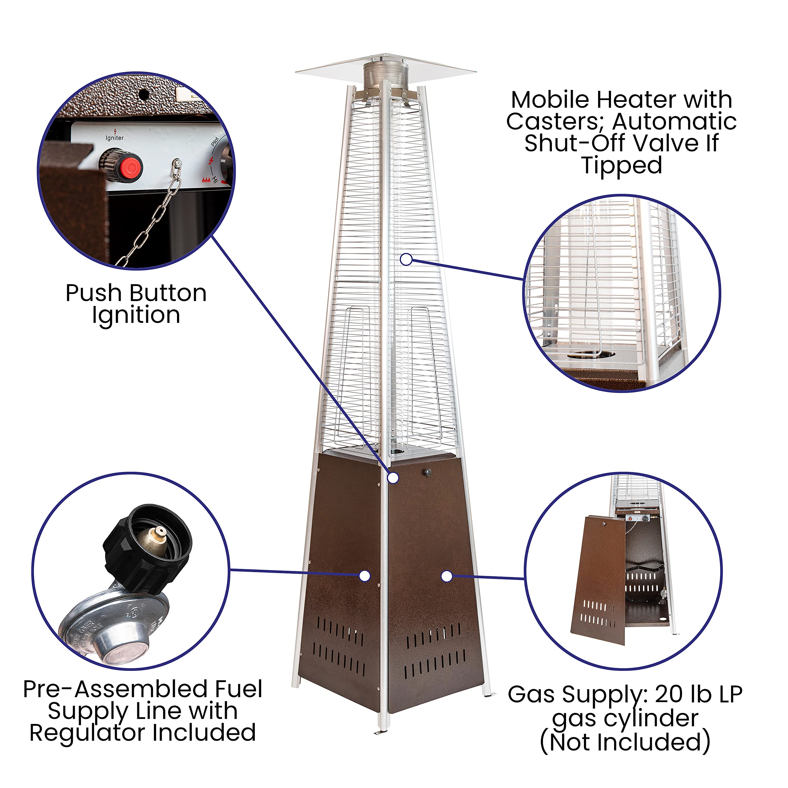 Merrick Lane 7.5ft Bronze Pyramid Outdoor Patio Heater - Portable Standing Heater for Backyard, Deck & Garden - Weather-Resistant Heating Solution for Cold Evenings