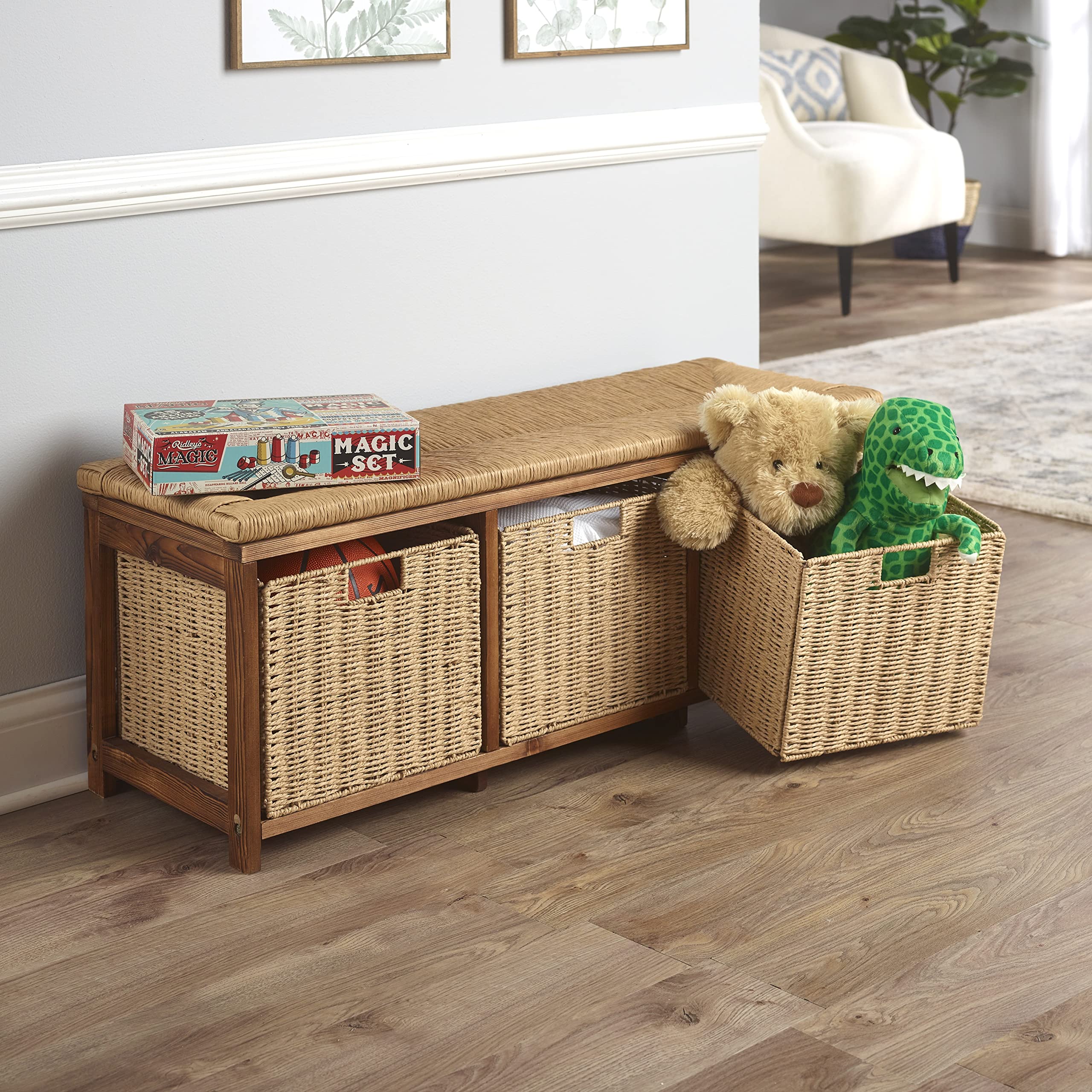 **Badger Basket Kid's Toy Storage Bench with Woven Top & 3 Collapsible Baskets - Light Brown - Perfect for Kids' Room Organization & Playroom Storage**