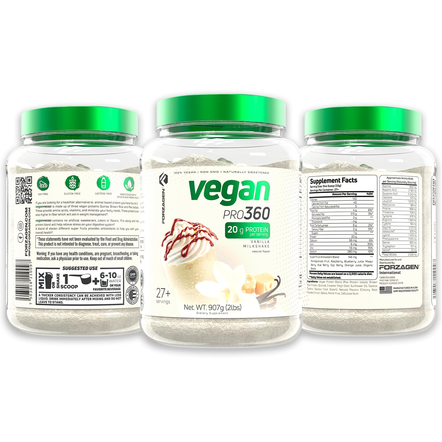 Forzagen Vegan Protein Powder 360 - 2 Lbs (27 Servings) | Plant-Based Protein Blend with Quinoa, Brown Rice & Pea Isolate | Dairy-Free, Soy-Free, Gluten-Free, Non-GMO | Vanilla Milkshake Flavor | Perfect for Post-Workout Recovery & Muscle Building