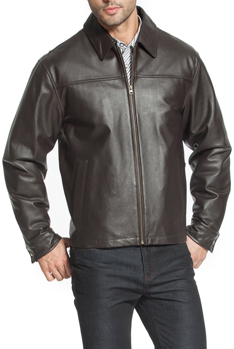 BGSD Men's Greg Open Bottom Zip Front Leather Jacket - Genuine Biker Jacket for Motorcycle Riding (Available in Tall & Regular Sizes) | Perfect for Casual Outfits, Night Out & Winter Fashion