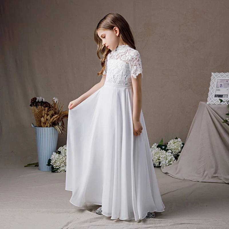 Elegant White High Neck Chiffon Lace Dress for First Communion, Junior Bridesmaid, Party & Special Occasions - Perfect for Weddings, Prom & Formal Events