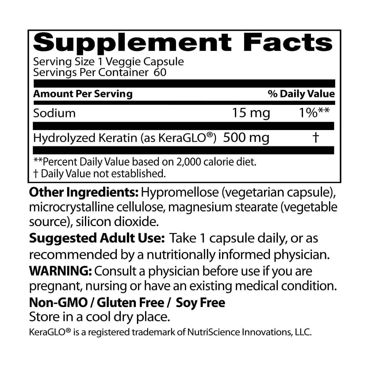 Doctor's Best Hydrolyzed Keratin 500mg - 60 Vegetarian Capsules for Hair, Skin & Nails Support - Promotes Healthy Growth & Strength - Perfect for Daily Beauty Supplement Routine