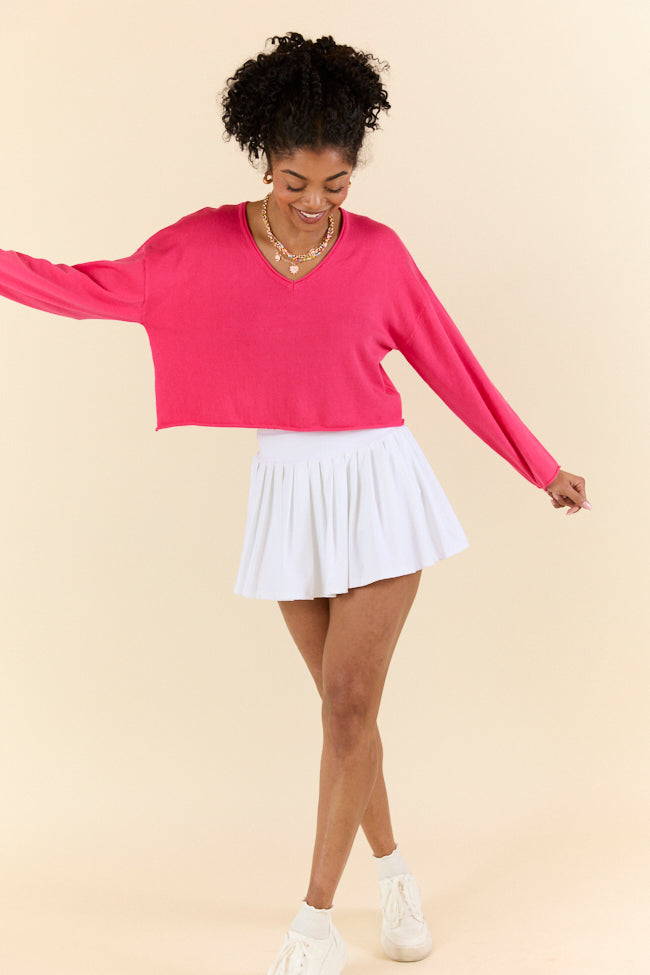 No Bad Days Hot Pink Drop Shoulder V Neck Pullover Sweater - Women's Casual Oversized Knit Top for Fall & Winter | Perfect for Date Night, Coffee Dates, and Weekend Outfits
