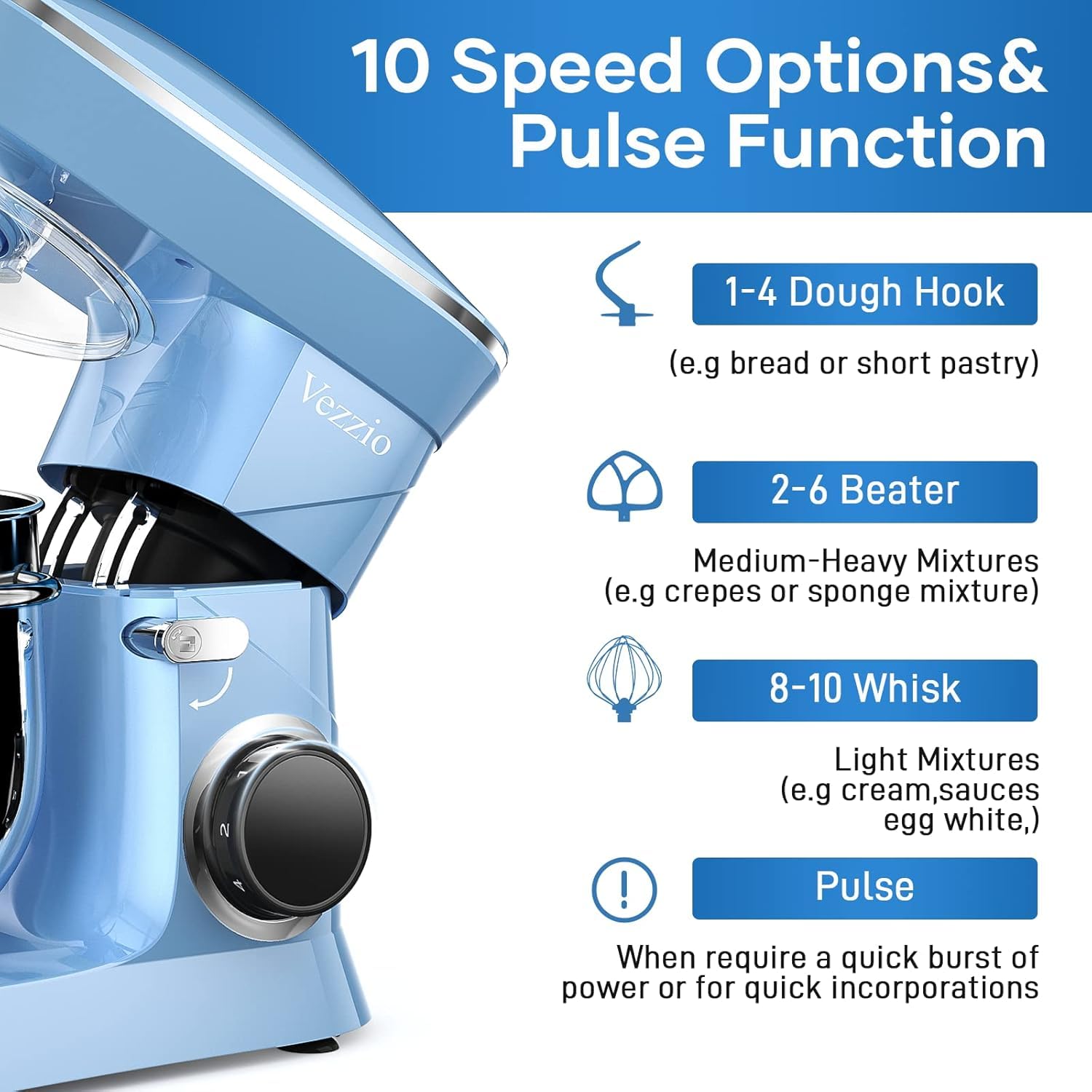 Vezzio 660W 10-Speed Tilt-Head Stand Mixer with 9.5 Qt Stainless Steel Bowl - Dishwasher Safe Attachments - Powerful Electric Kitchen Mixer for Baking, Dough, Whipping - Perfect for Home Bakers & Cooking Enthusiasts (Blue)