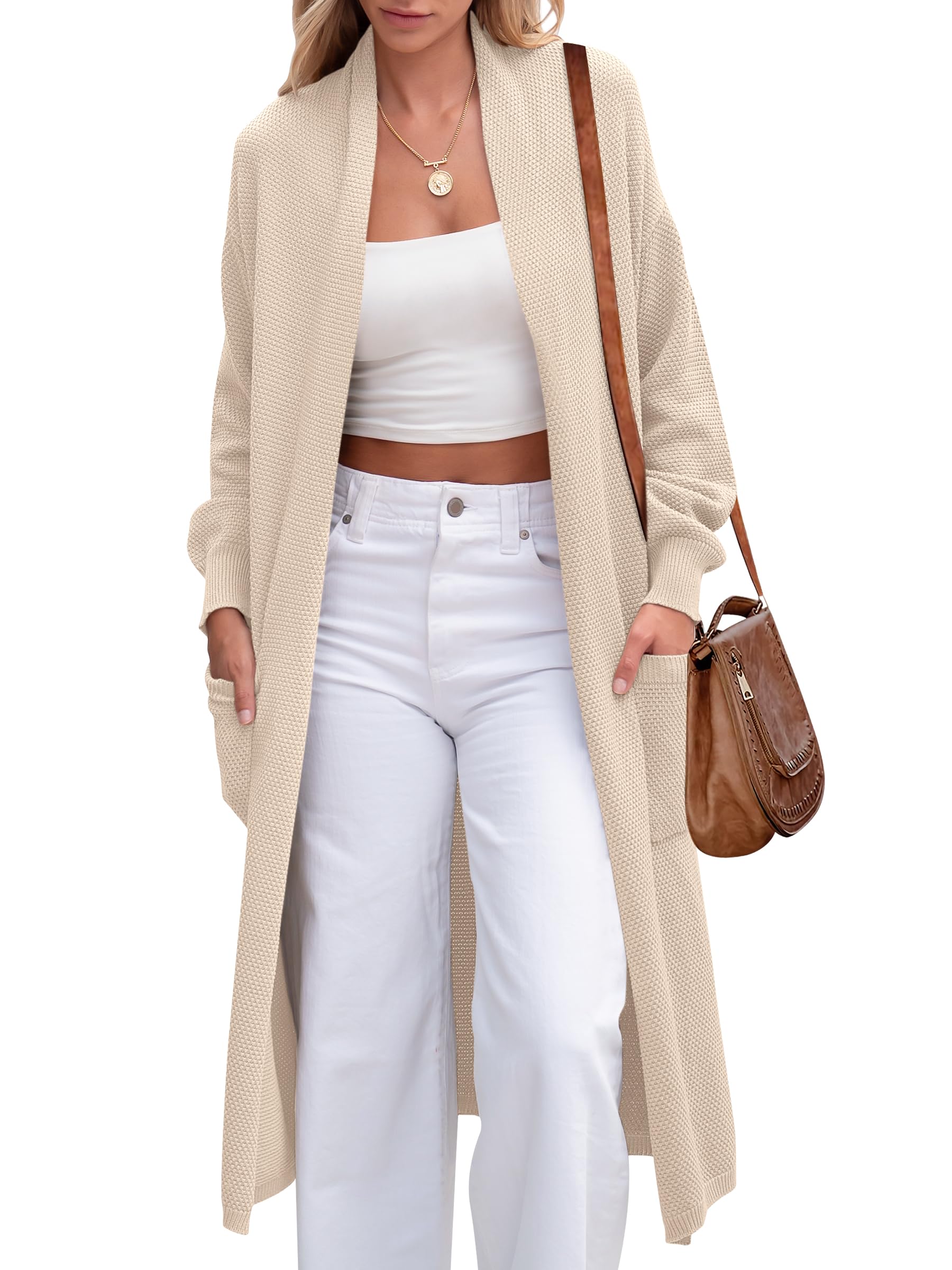 ANRABESS Women's Long Cardigan Sweater - Open Front Long Sleeve Slouchy Oversized Coat | 2024 Winter Chunky Knit Waffle Coatigan | Perfect for Casual Outfits, Office Wear & Cozy Home Lounging