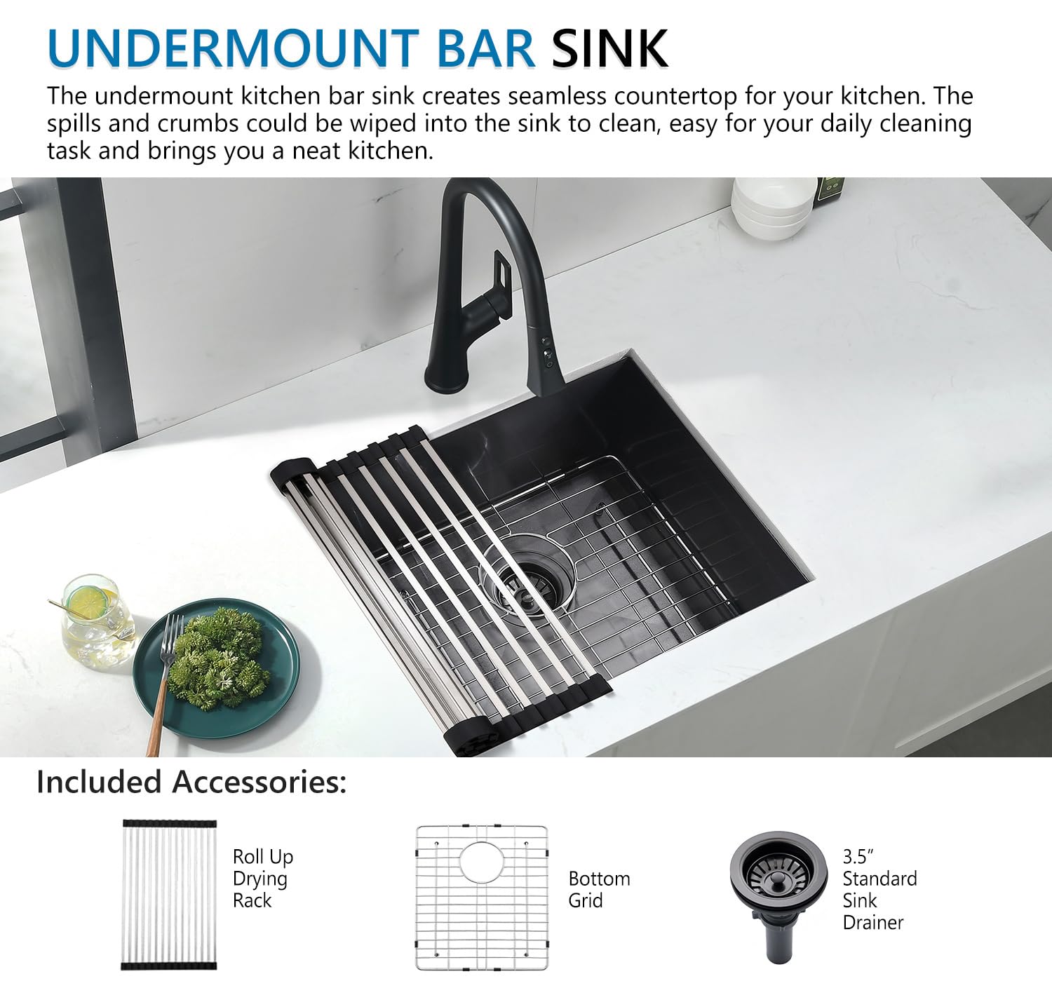 Doirteal 21 Inch Undermount Bar Sink - 16 Gauge Gunmetal Black Stainless Steel, 21