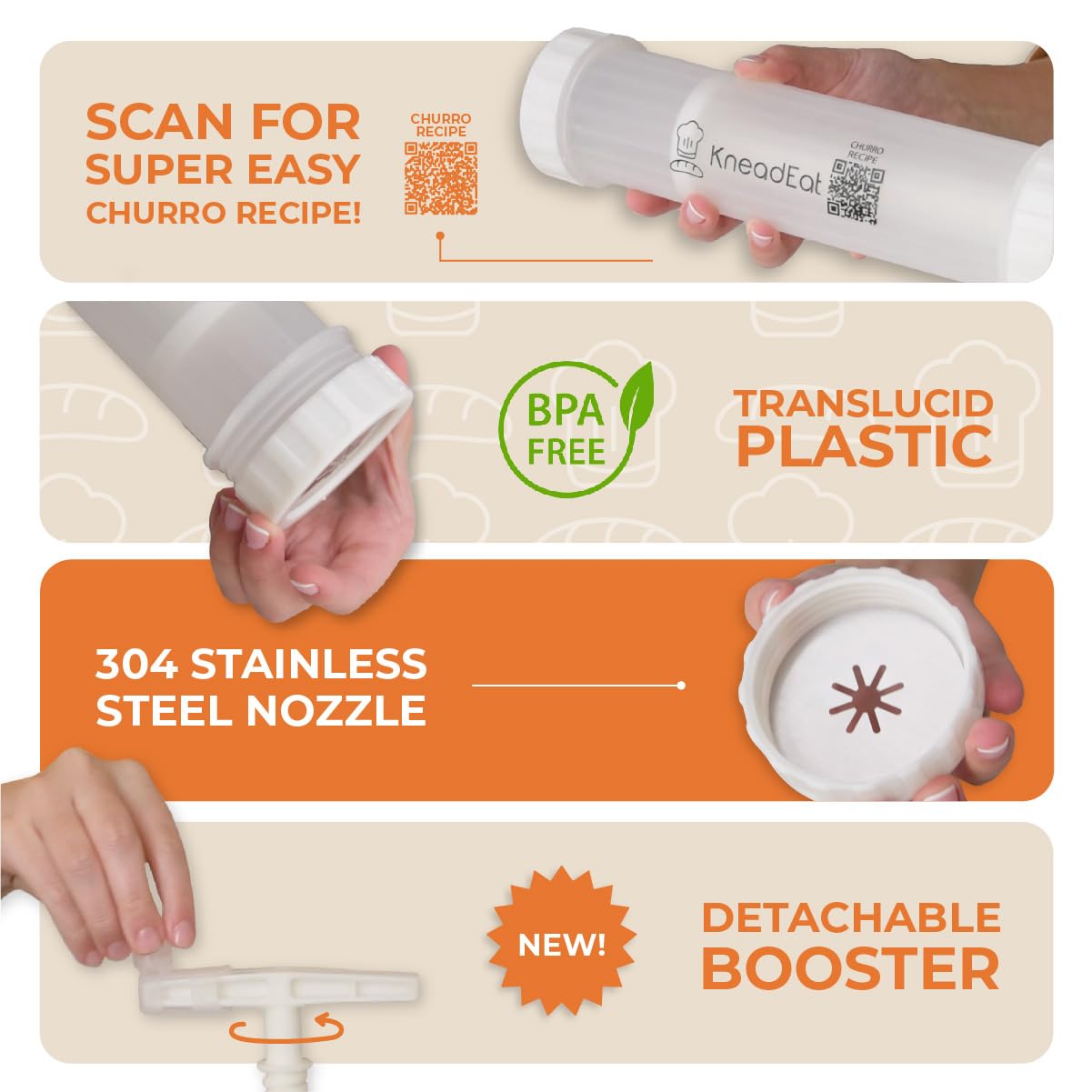 Electric Churro Maker Kit with Booster Handle - 3 Nozzle Churrera, Piping Bag & Scissors - Easy Homemade Churros with QR Recipe - Perfect for Parties, Desserts & Family Baking Fun