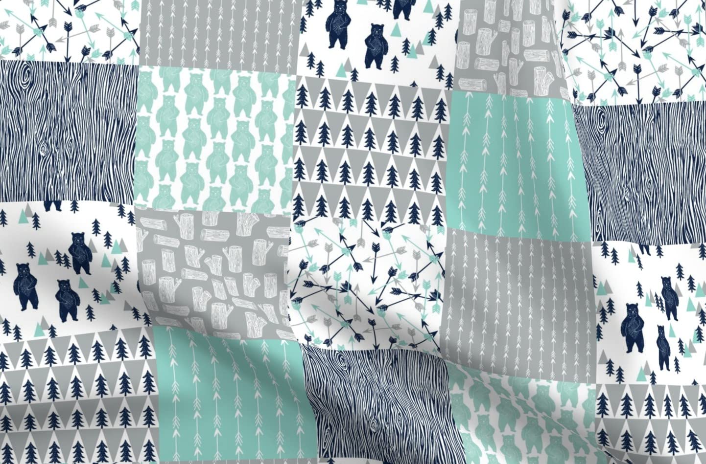Forest Bear Quilt Navy Mint Grey Printed Velvet Fabric by Spoonflower - Upholstery, Home Decor & Apparel Material - Perfect for Kids Nursery, Boys Room & DIY Quilting Projects