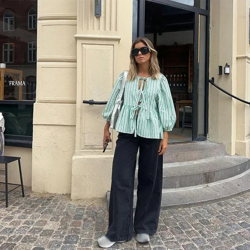 Elegant Satin Ruffle Blouse for Women - Lantern Short Sleeve Loose Fit O-Neck Top | Spring Summer Fashion Streetwear | Perfect for Office, Date Night & Casual Outings