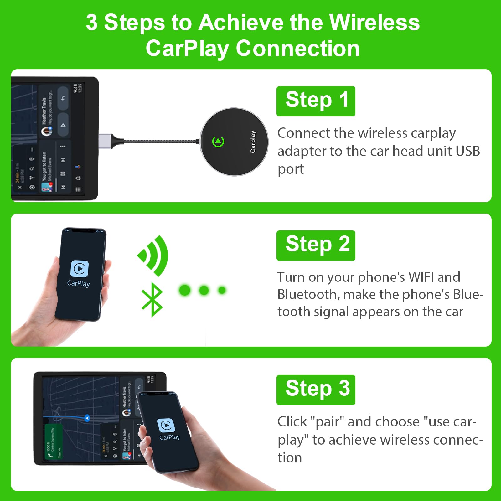 Wireless CarPlay Adapter for iPhone - Fast & Stable Wired to Wireless Converter - Plug & Play CarPlay Dongle Compatible with Apple iOS 10+ & Cars 2015+ - Perfect for Hands-Free Driving & Seamless Music Streaming