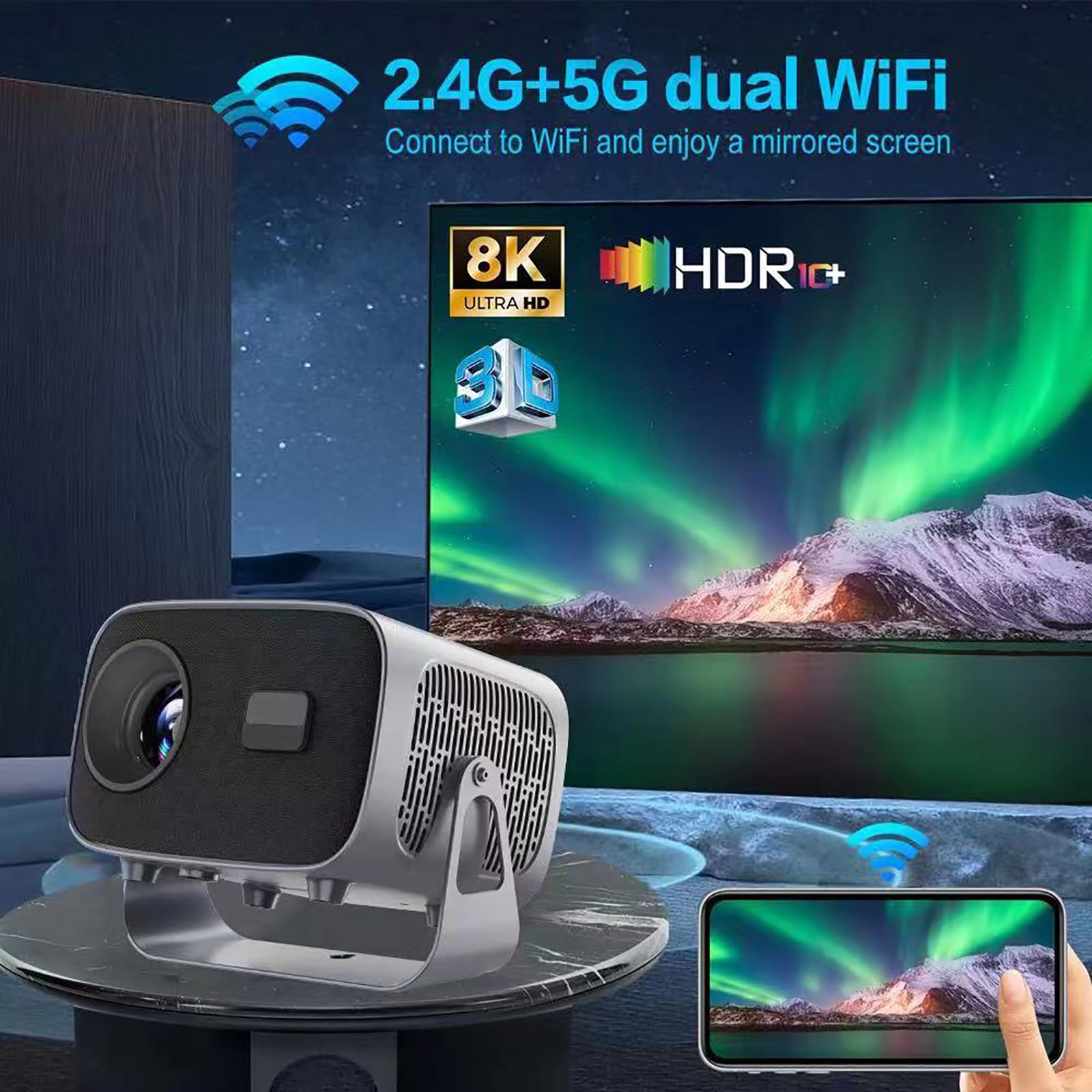 QIeAny Portable 4K Projector with 5G WiFi & Bluetooth - 4000 Lumens (150 ANSI) for Home Theater, Outdoor Movies, and Presentations | Wireless Mirroring, 360° Rotation, ±30° Vertical Keystone, 5W Built-in Speaker, Metallic Finish
