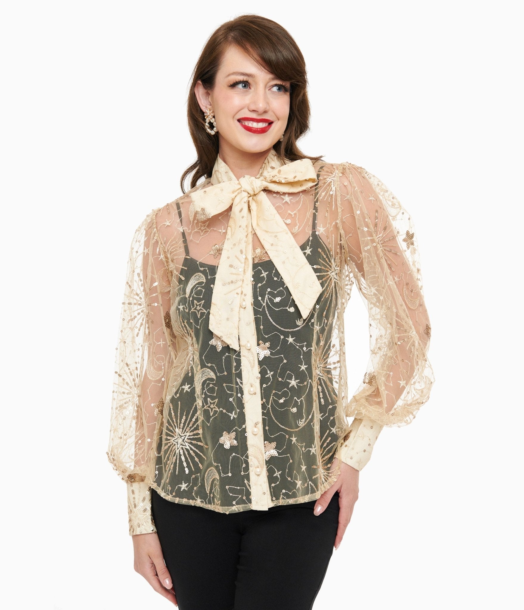 Vintage Champagne Celestial Sequin Sheer Blouse for Women - Elegant Party Top with Glitter Details for Evening Events, Date Nights & Special Occasions