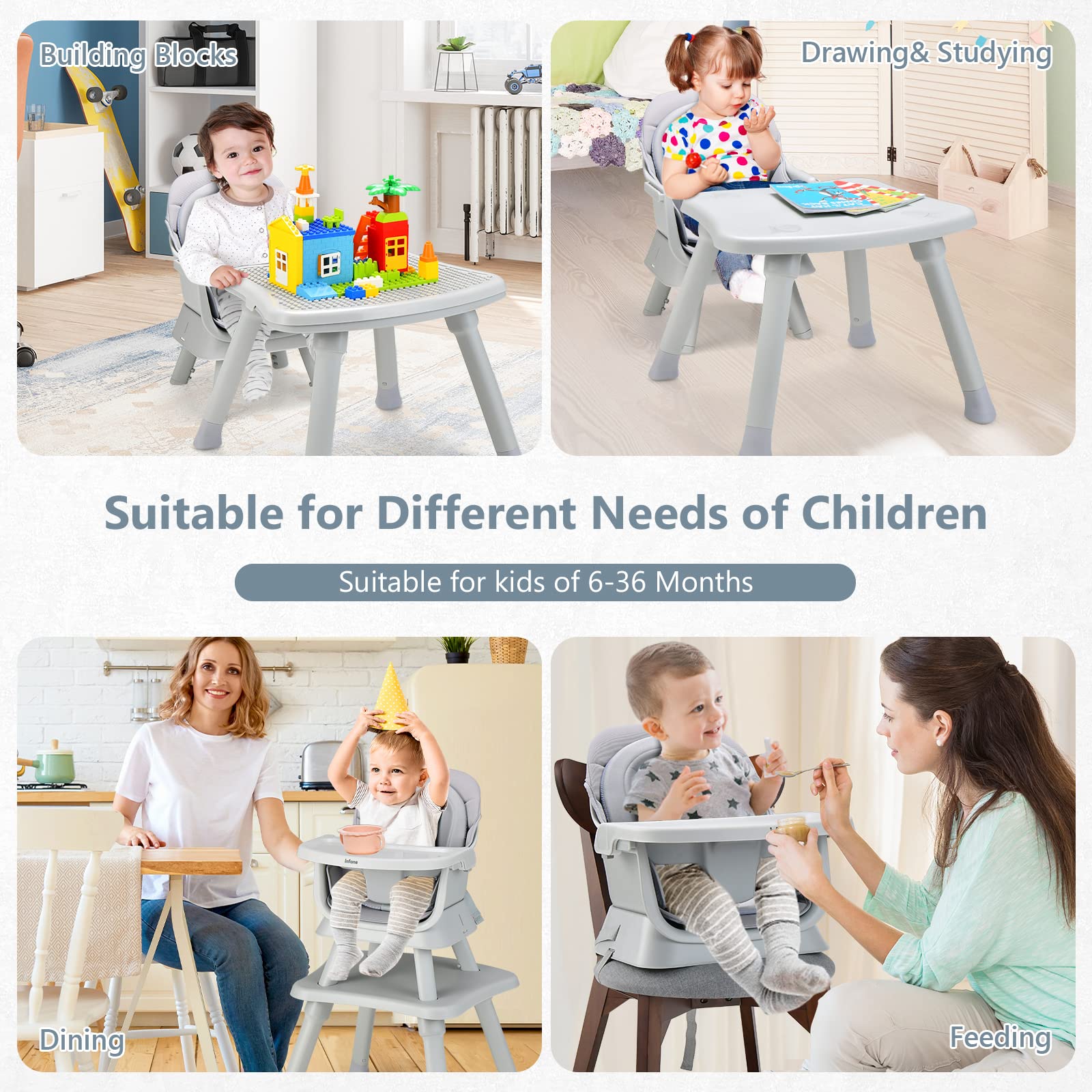 INFANS 8-in-1 Convertible Baby High Chair & Toddler Booster Seat with Removable Tray - Multifunctional Dining, Play & Learning Table for Infants - Perfect for Mealtime, Playtime & Building Blocks Activities