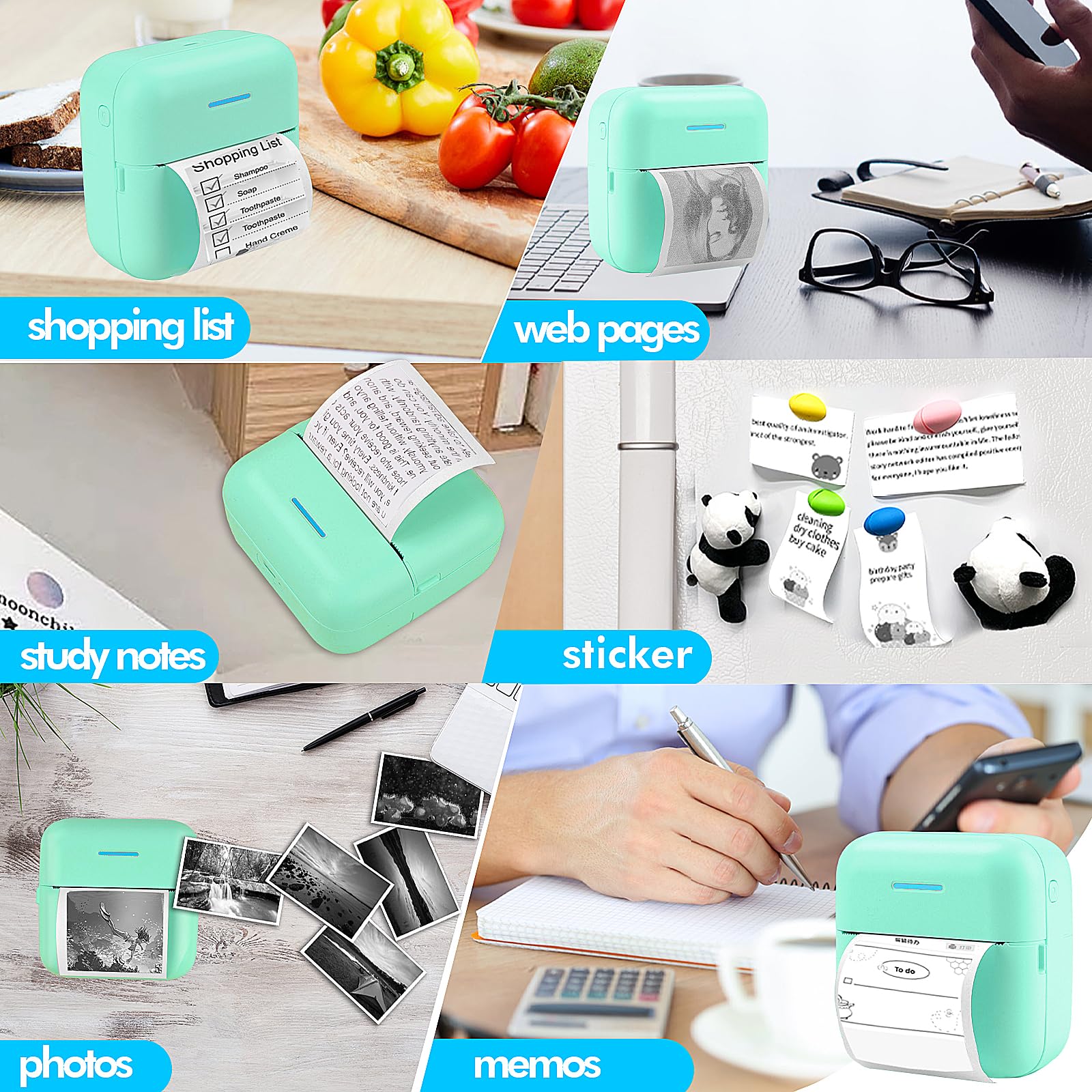HuiJuKeJi Mini Sticker Printer - Portable Bluetooth Thermal Printer for iOS & Android with 11 Rolls Inkless Paper - Print Photos, Receipts, Journals, Notes & Memos - Perfect for DIY Crafts, Scrapbooking & Home Organization (Green)