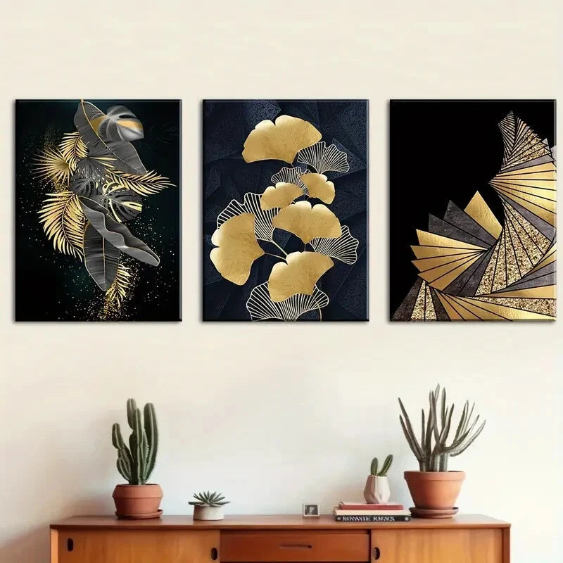3-Piece Black & Gold Leaf Metal Wall Art Prints - Ready to Hang Home Decor for Living Room, Bedroom & Office
