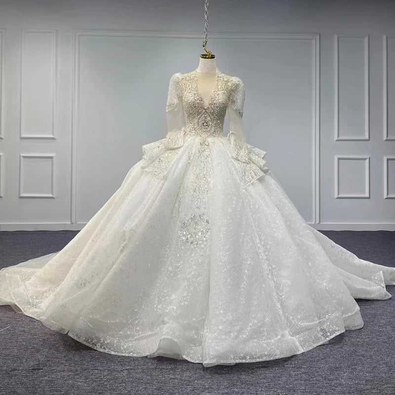 Elegant Women's Organza Ball Gown with Full Sleeves & Beaded Lace-Up Detail - Perfect for Prom, Evening Gala & Special Occasions