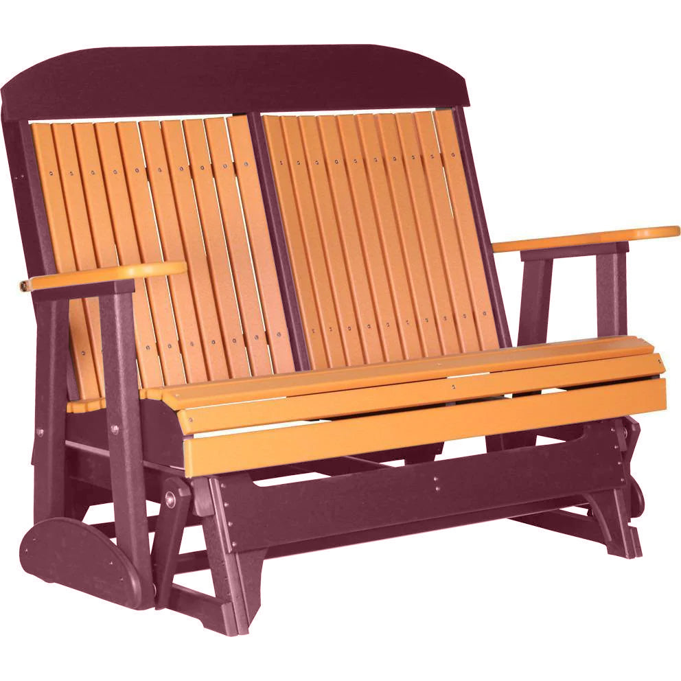 LuxCraft 4 ft. Recycled Plastic Highback Outdoor Glider Bench with Cup Holder - Orange - Perfect for Patio, Garden, and Backyard Relaxation