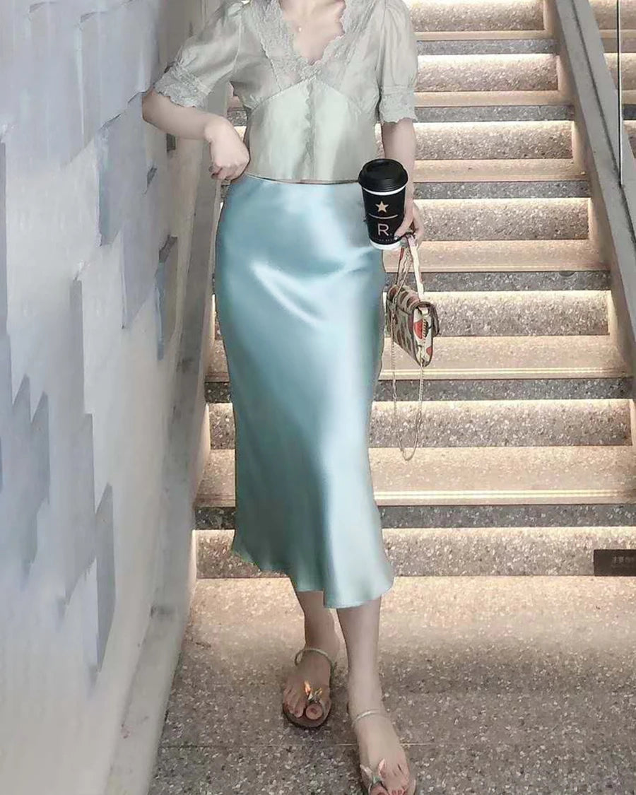 Elegant Silk Midi Skirts for Women - Stretchy Elastic Waistband, Flowy A-Line Design - Perfect for Office Wear, Date Nights & Special Occasions