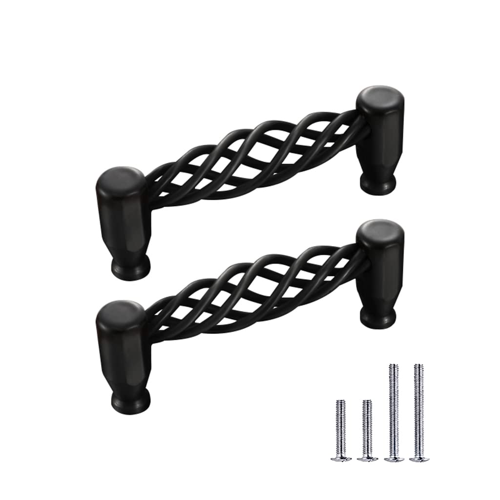 2 Pack Matte Black Bronze Birdcage Cabinet Pulls - Vintage Oval Nest Twist Kitchen Cupboard Handles - 96mm Retro Drawer Hardware for Cabinets, Dressers & Furniture (Black) - Perfect for Farmhouse, Shabby Chic & Vintage Home Decor