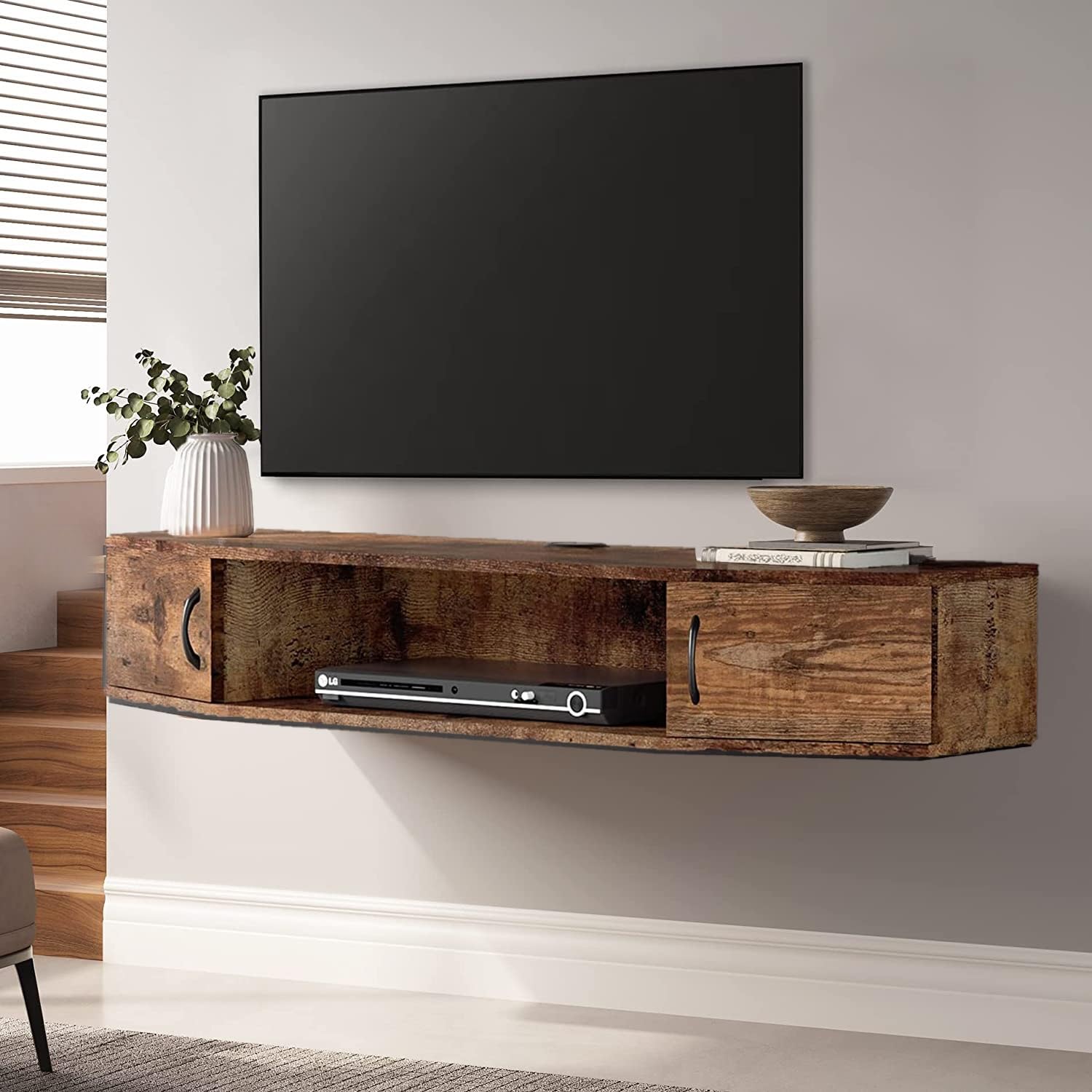 FITUEYES Floating TV Stand - Wall Mounted Entertainment Center with Storage Cabinet, Modern Rustic Brown Media Console for Living Room & Office - Perfect for Space-Saving Home Theater Setup