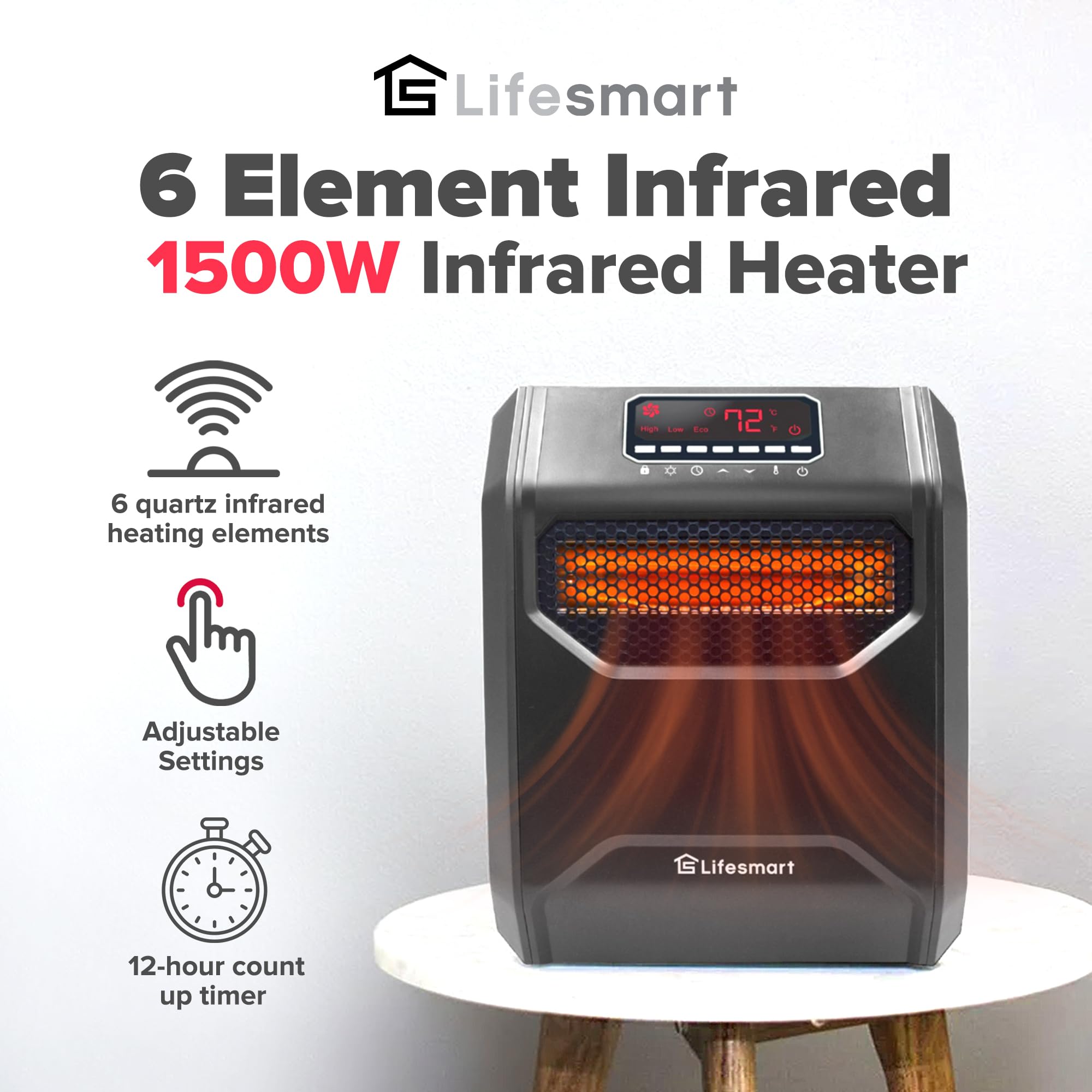 LifeSmart 1500W Infrared Space Heater with Remote Control & Digital Display - Fast Heating Portable Electric Heater for Bedroom, Office, Garage - Energy Efficient & Safe Home Heating Solution
