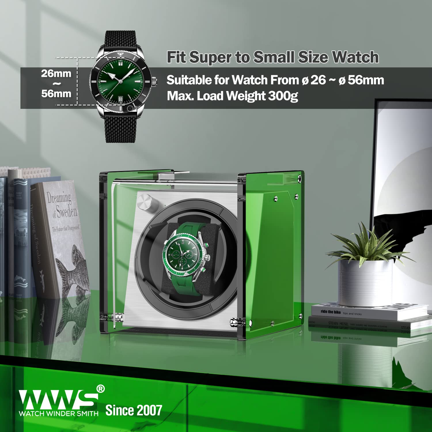 Premium Single Watch Winder for Automatic Watches - Quiet Motor with 4 Rotation Modes, LED Display & Luxury Green Finish | Perfect for Rolex, Omega & Luxury Watch Storage at Home/Office