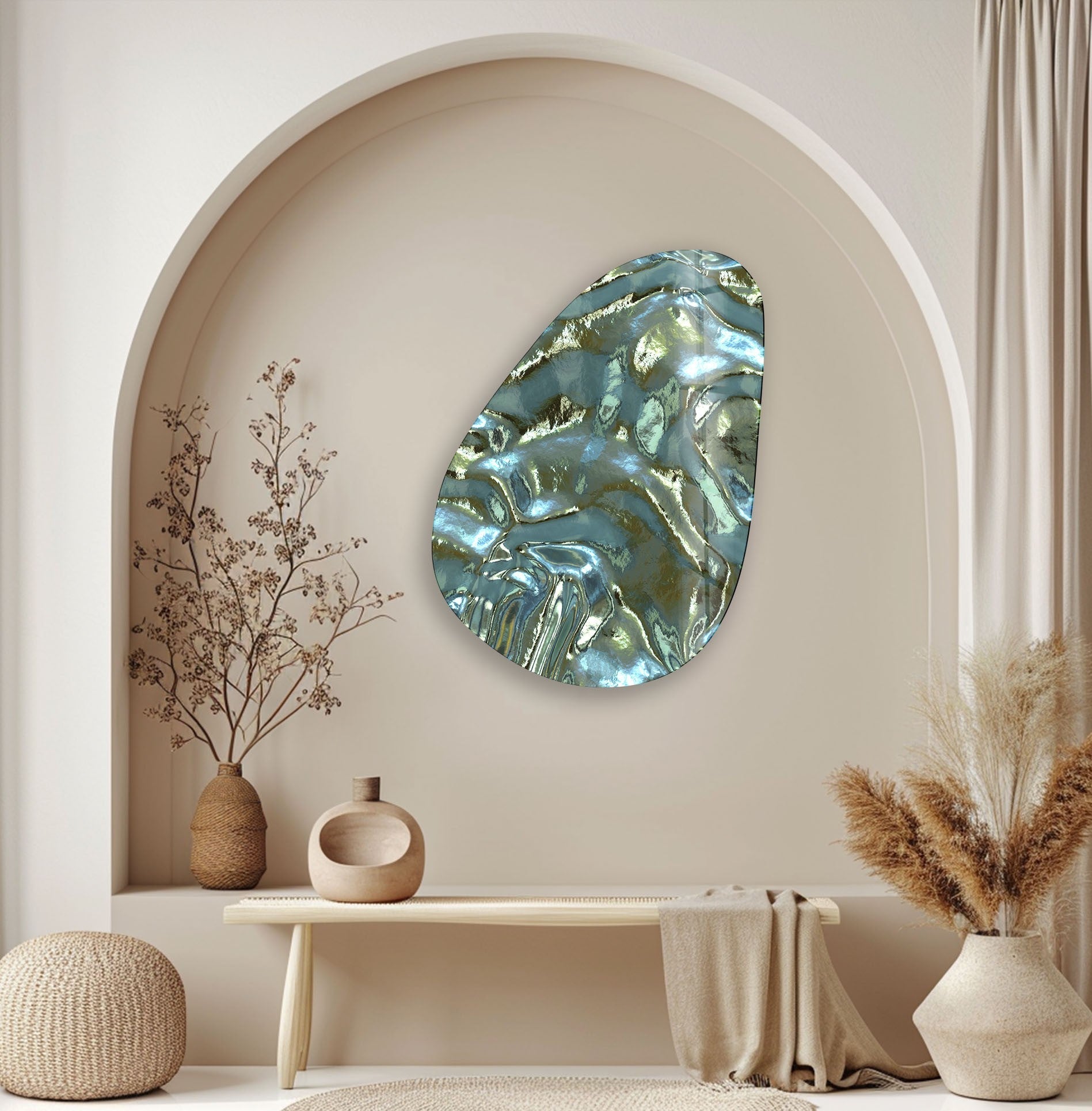 Abstract Glass Wall Art - Modern Asymmetrical Oval Shiny Decor for Living Room, Bedroom & Office | Contemporary Home Decoration