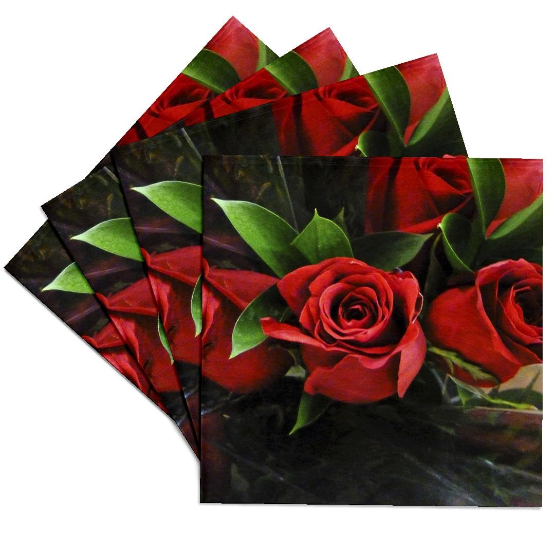 3D Rose Ceramic Tile Coasters Set of 4 - Elegant Red Roses on Black Background for Coffee Table, Bar, or Home Decor