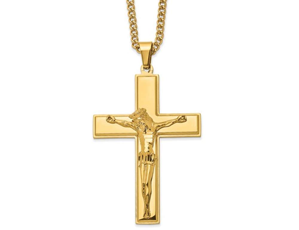 Men's Chisel Yellow Plated Stainless Steel Crucifix Necklace with Chain - Religious Jewelry for Everyday Wear, Gifts & Special Occasions