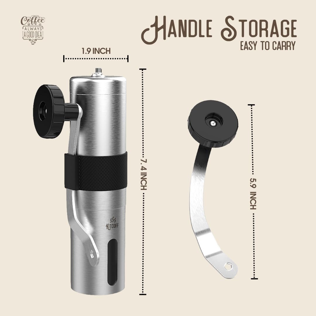 Premium Manual Coffee Grinder - Adjustable 18-Click Hand Crank Coffee Mill with Ceramic Burr, Stainless Steel Body & Ergonomic Handle - Portable for Travel, Camping & Home Brewing - Includes Cleaning Brush & Storage Pouch