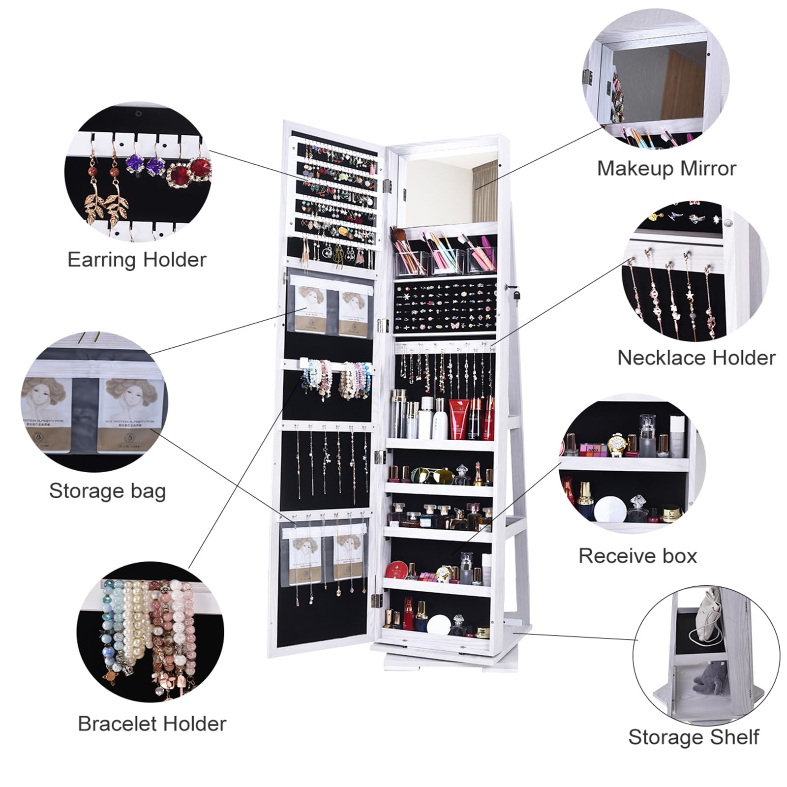 SOGES 360° Swivel Full Length Jewelry Mirror Cabinet with Lockable Storage & Rotating Organizer - White | Standing Mirror with Back Shelves for Jewelry Display & Bedroom Decor