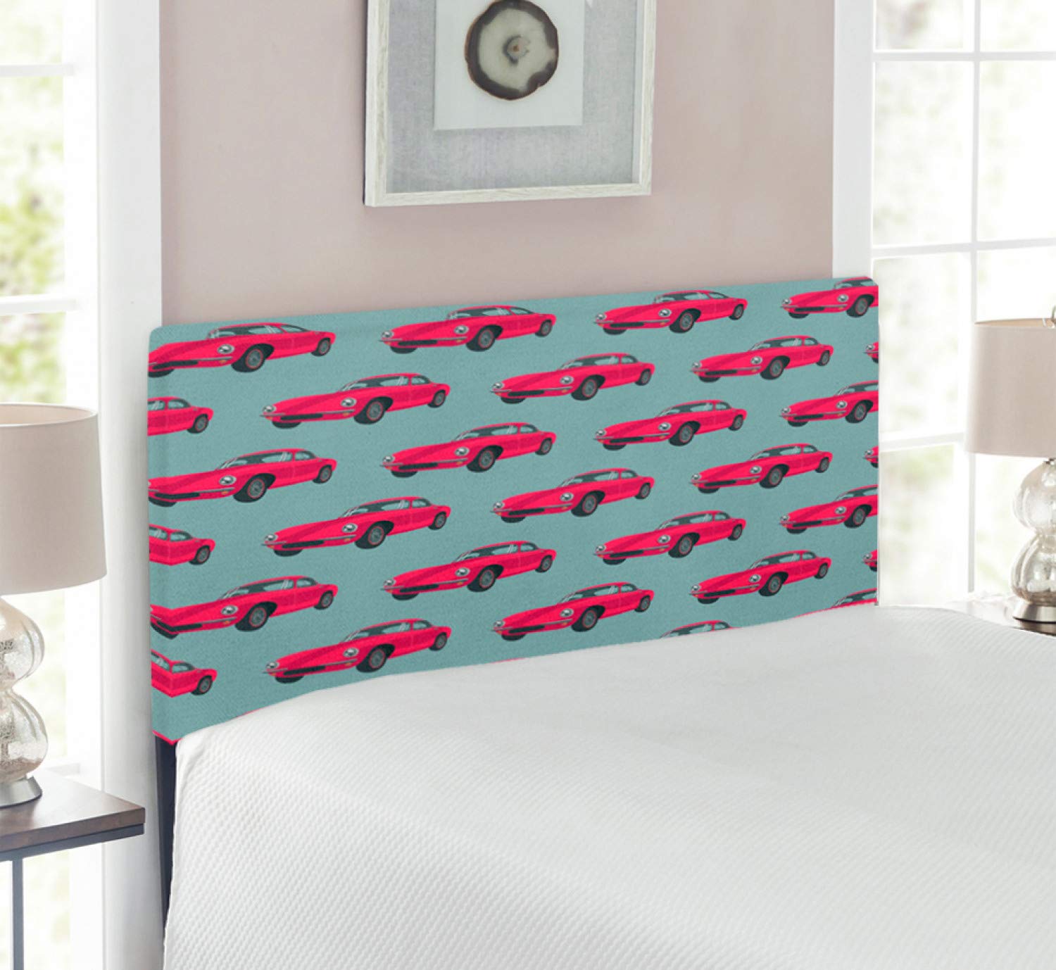 Vintage Red Retro Sports Cars Headboard - 1960s 1950s Inspired Upholstered Metal Bed Headboard with Memory Foam, Twin Size in Pink & Slate Blue | Perfect for Kids Room, Teen Bedroom & Classic Car Lovers Decor