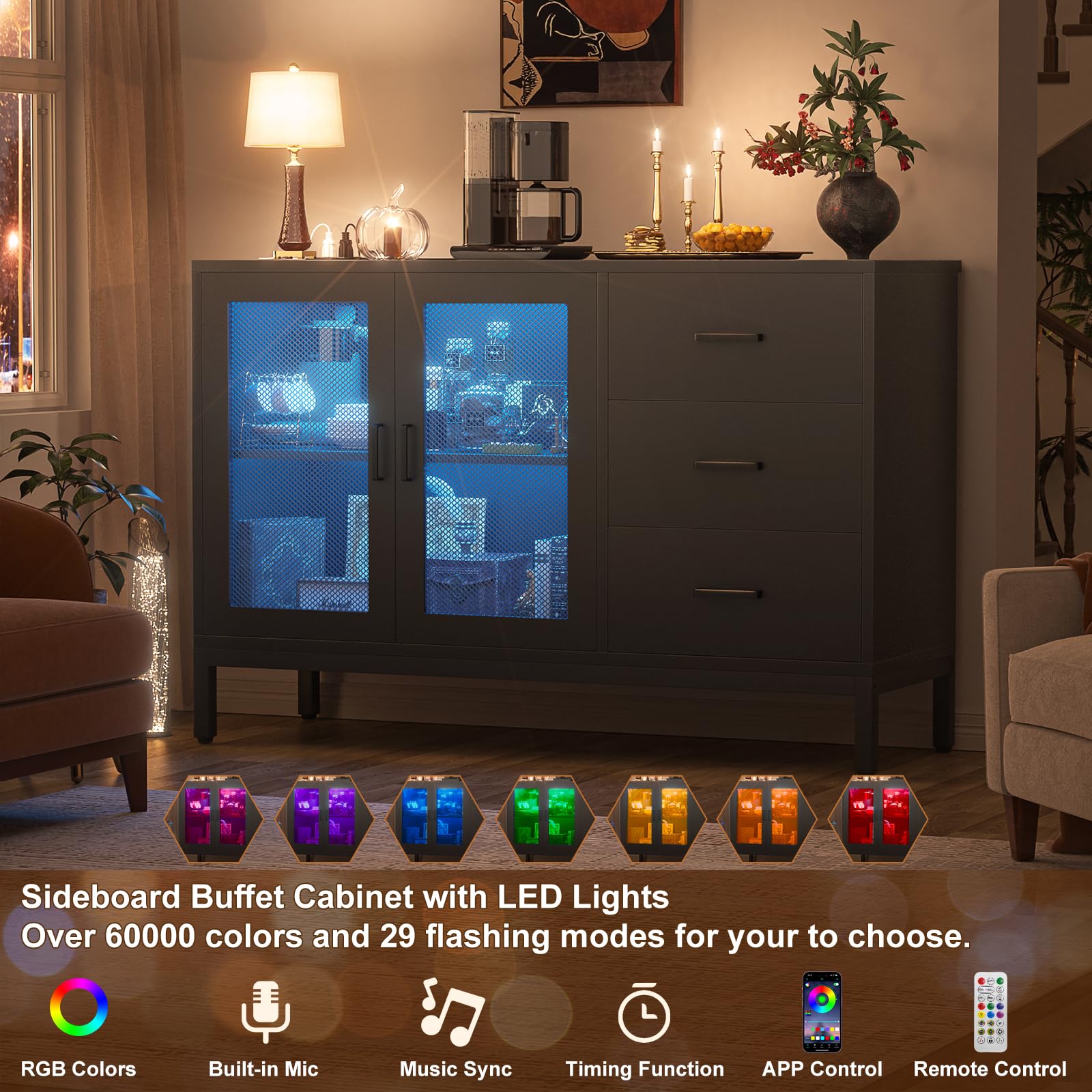 Modern Black Sideboard Buffet with 3 Wood Drawers & Power Outlet - LED Light Coffee Bar, 2-Door Storage Cabinet for Kitchen & Dining Room - Perfect for Entertaining, Displaying China, and Organizing Dining Essentials