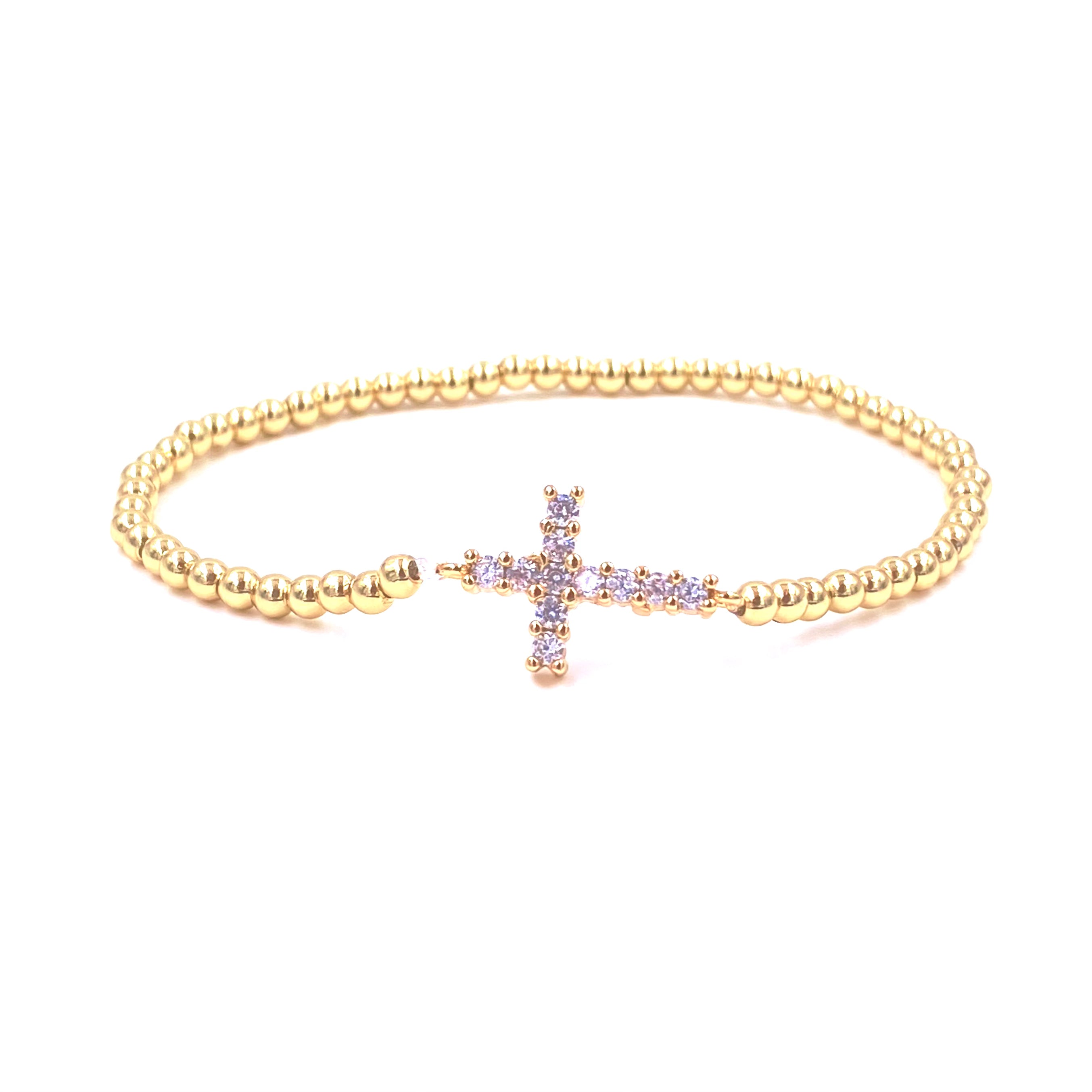 Ashley Gold Stainless Steel CZ Cross Stretch Beaded Bracelet for Women - Elegant Religious Jewelry Gift for Christmas, Baptism & Everyday Wear
