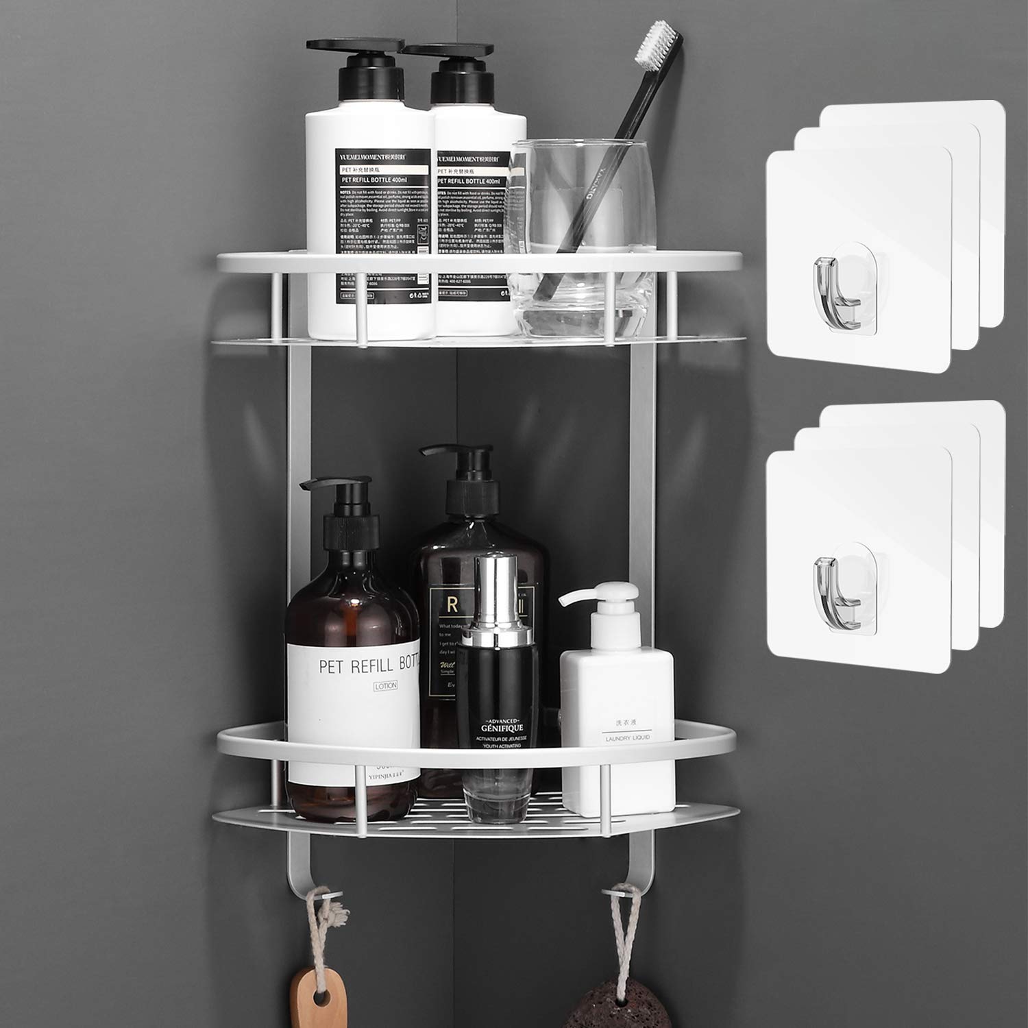 Flowmist 2-Tier Corner Shower Caddy - Wall Mounted Aluminum Bathroom Shelf Organizer with Strong Adhesive (No Drilling Needed) - Perfect for Shampoo, Soap & Toiletries Storage in Bathroom, Dorm or Kitchen