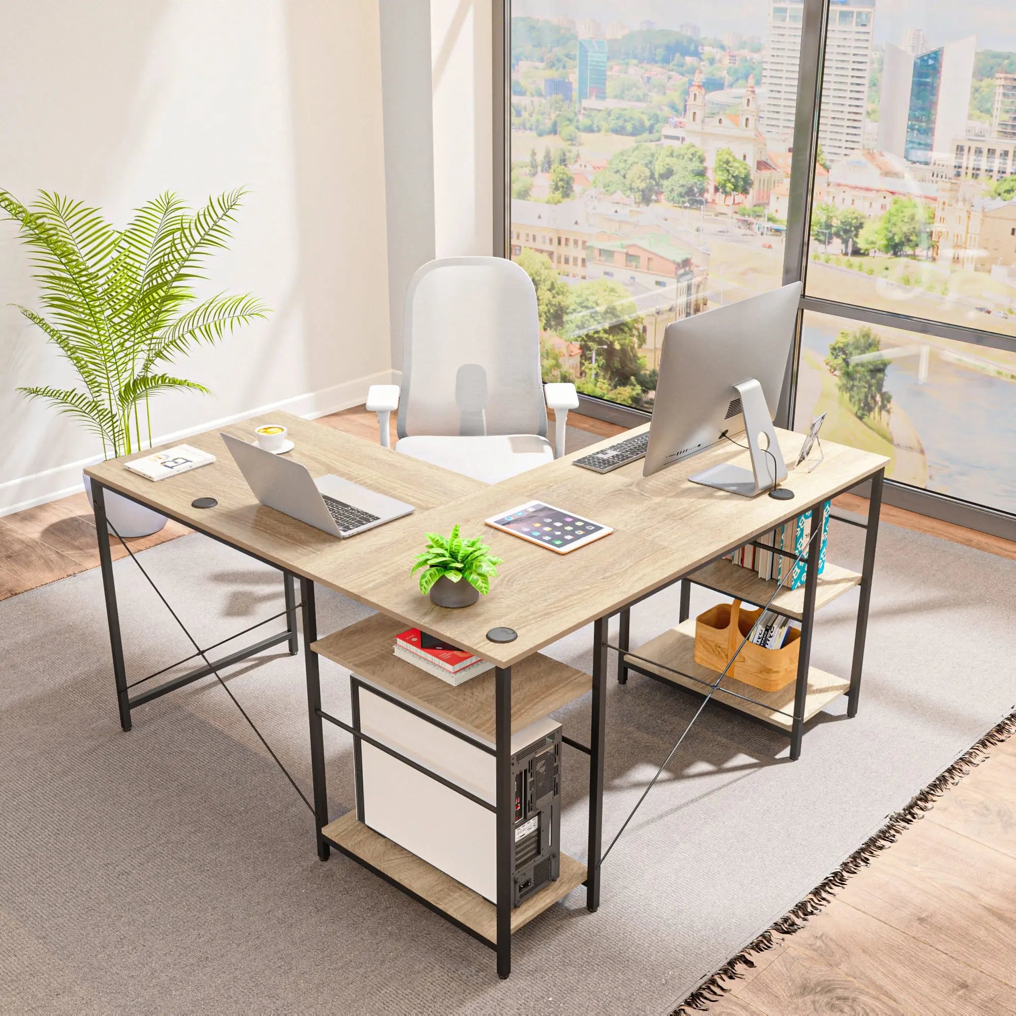 Bestier 86 Inch L-Shaped Computer Desk for Two - Home Office Gaming & Workstation with Large Workspace - Perfect for Couples, Roommates & Small Spaces