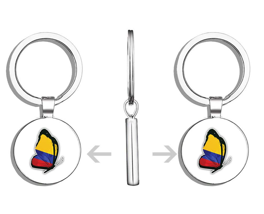 Colombia Flag Butterfly Round Stainless Steel Keychain - Double Sided Design - Perfect for Travel, Gifts & Key Organization