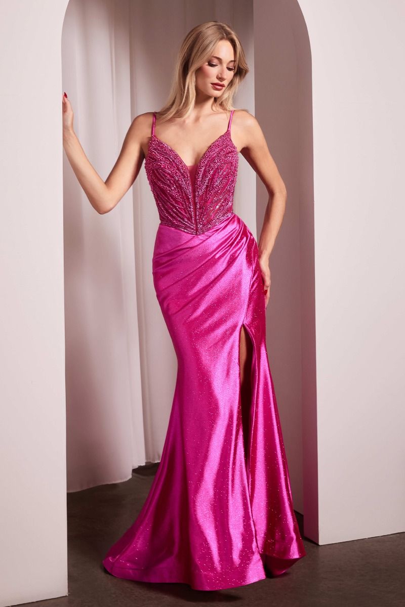 Nevada Gown - Pearl Embellished Stretch Satin Glimmering Evening Dress for Prom, Wedding & Special Occasions